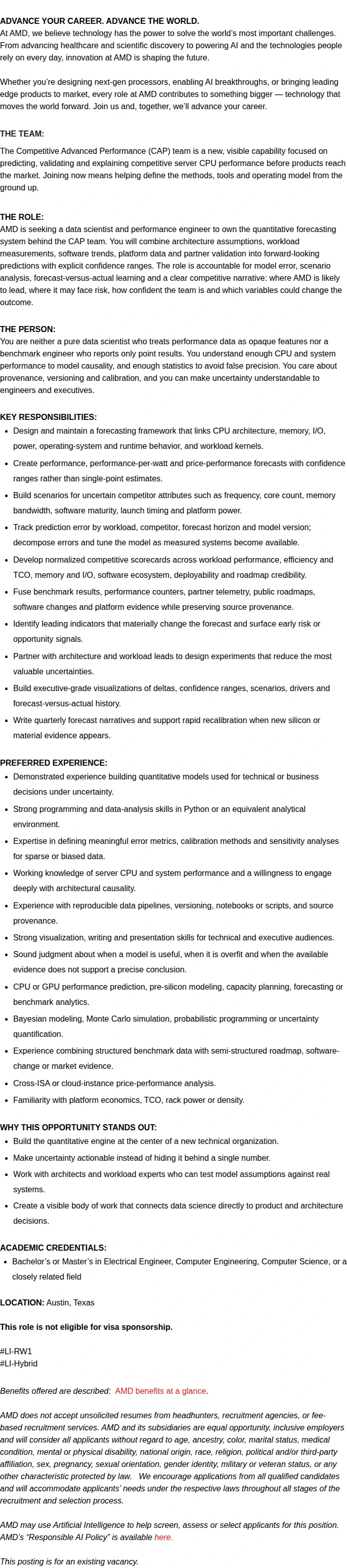 AMD Principal Competitive CPU Performance Forecaster & Data Scientist 채용공고