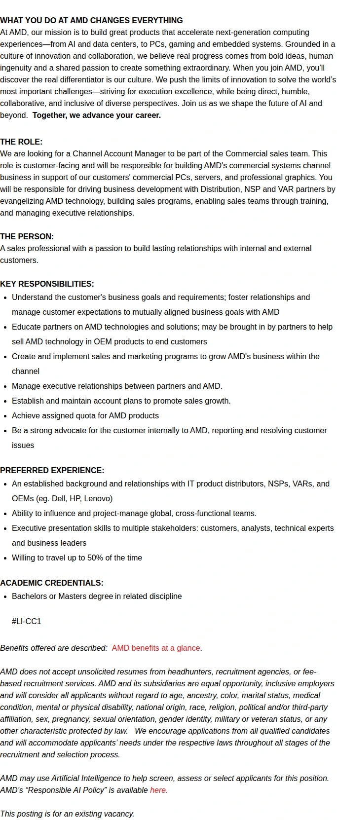 AMD Commercial Sales Account Manager 채용공고