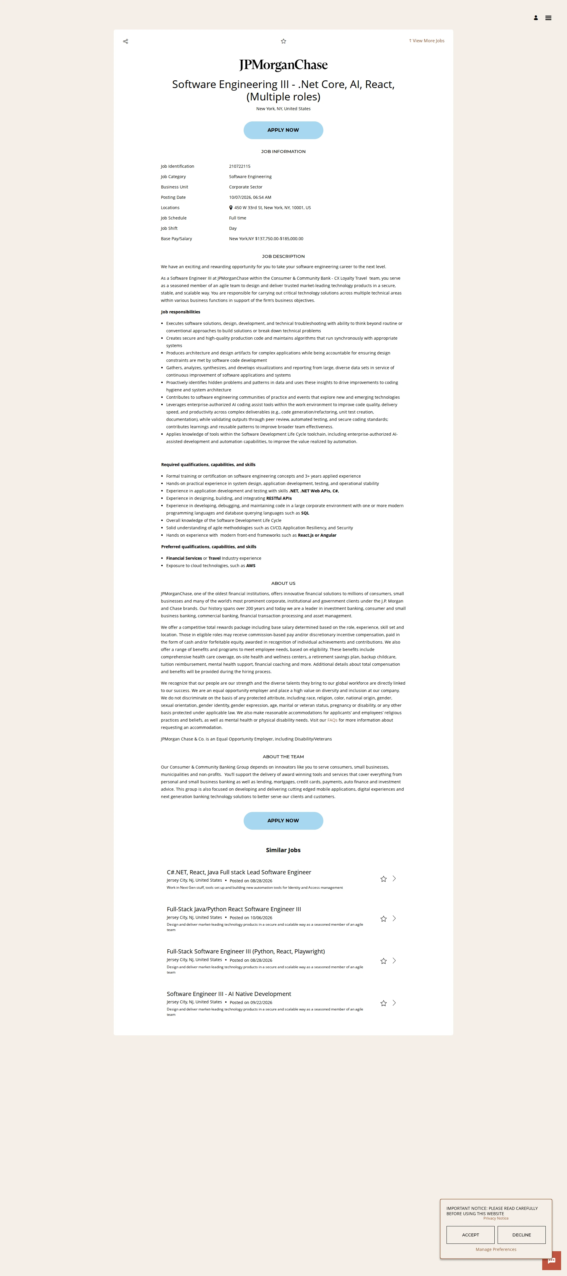 JPMorganChase Software Engineering III - .Net Core, AI, React, (Multiple roles) 채용공고