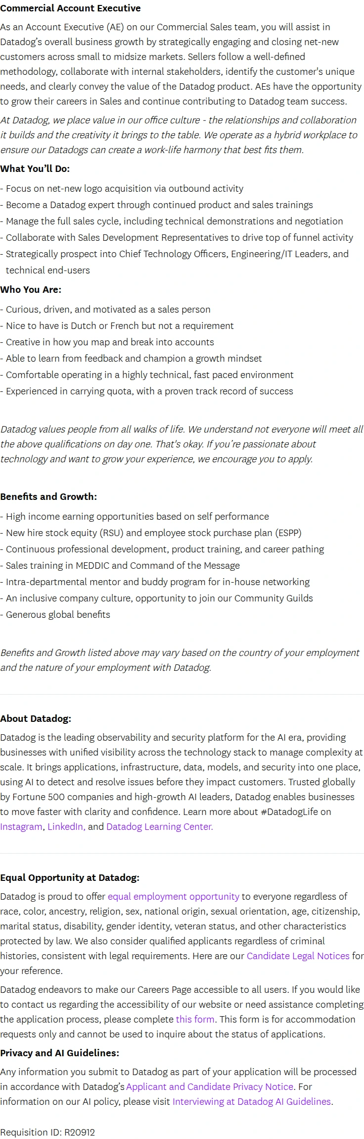 데이터독 Commercial Account Executive (Benelux) 채용공고