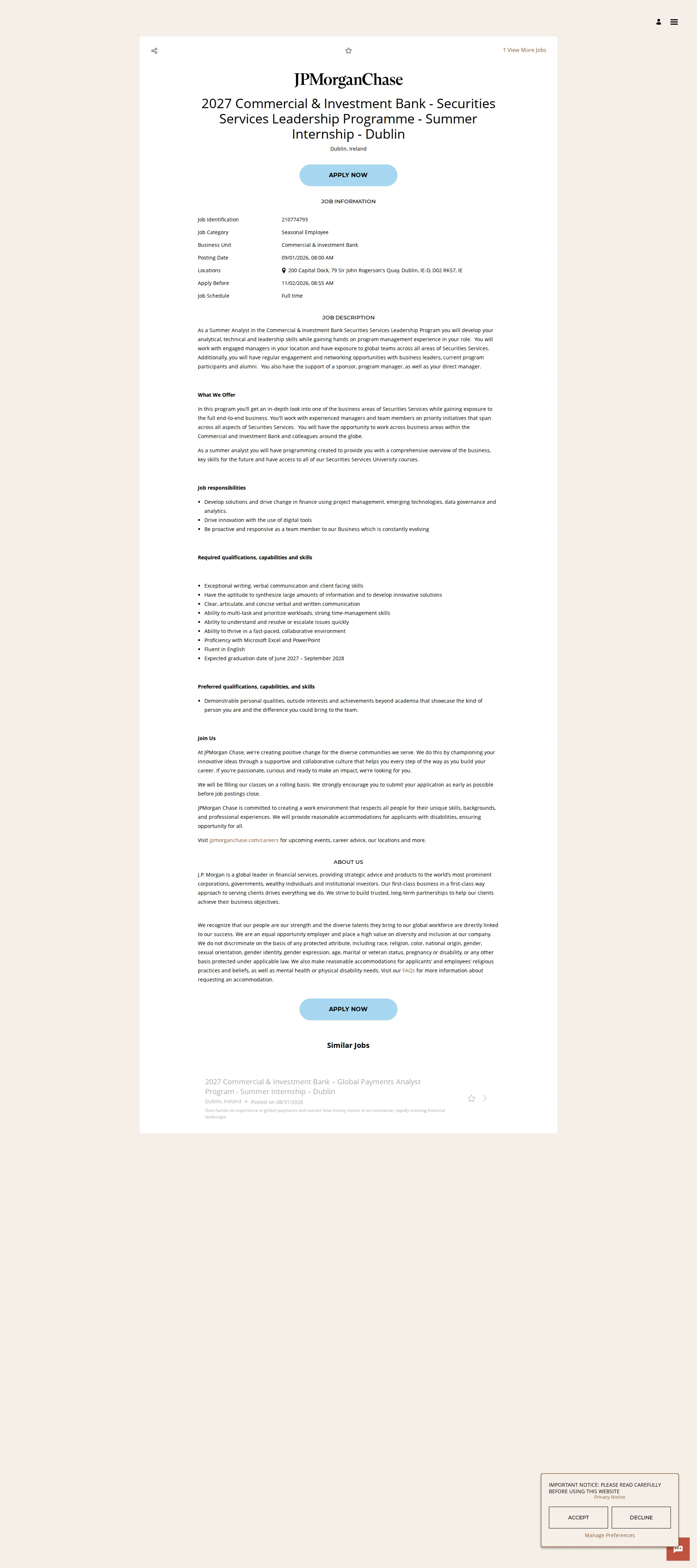 JPMorganChase 2027 Commercial & Investment Bank - Securities Services Leadership Programme - Summer Internship - Dublin 채용공고