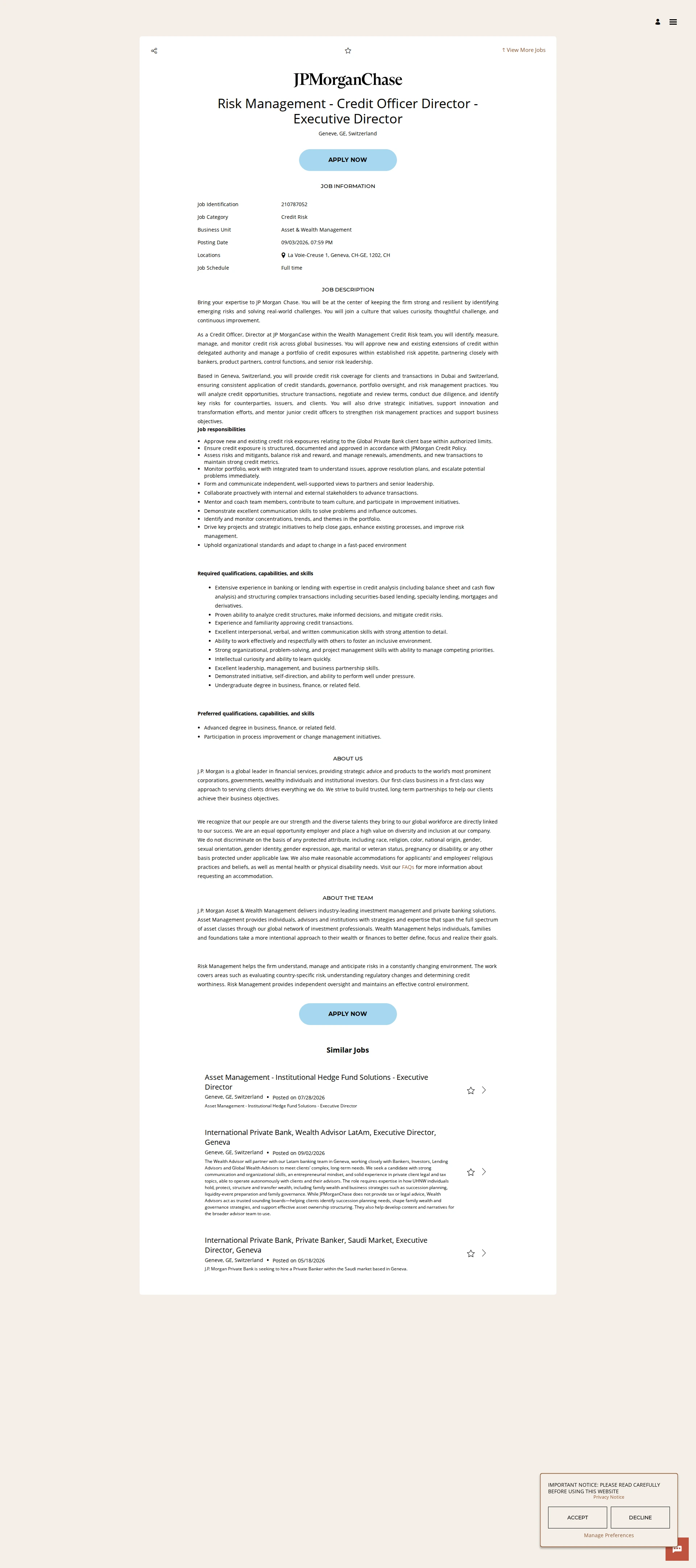 JPMorganChase Risk Management - Credit Officer Director - Executive Director 채용공고