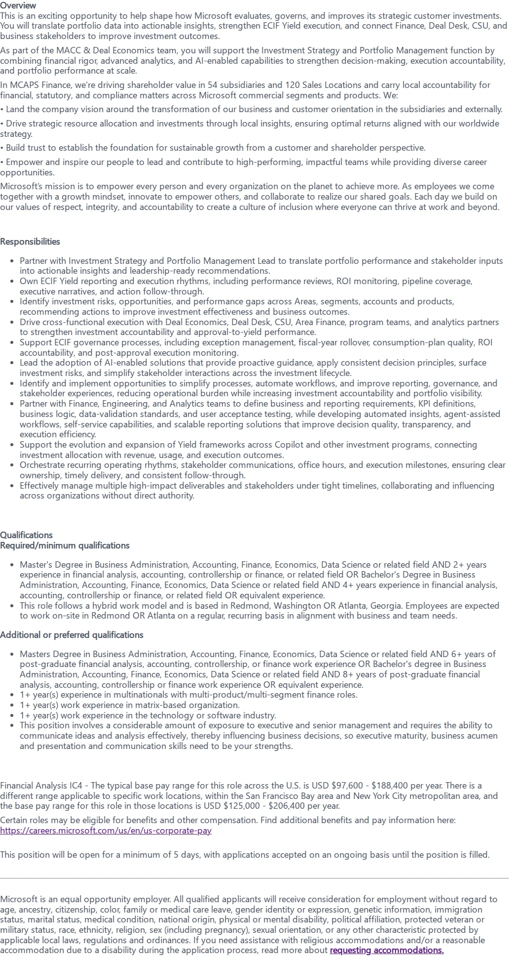 마이크로소프트(Microsoft) Senior Finance Manager, Investment Portfolio & ECIF Yield 채용공고