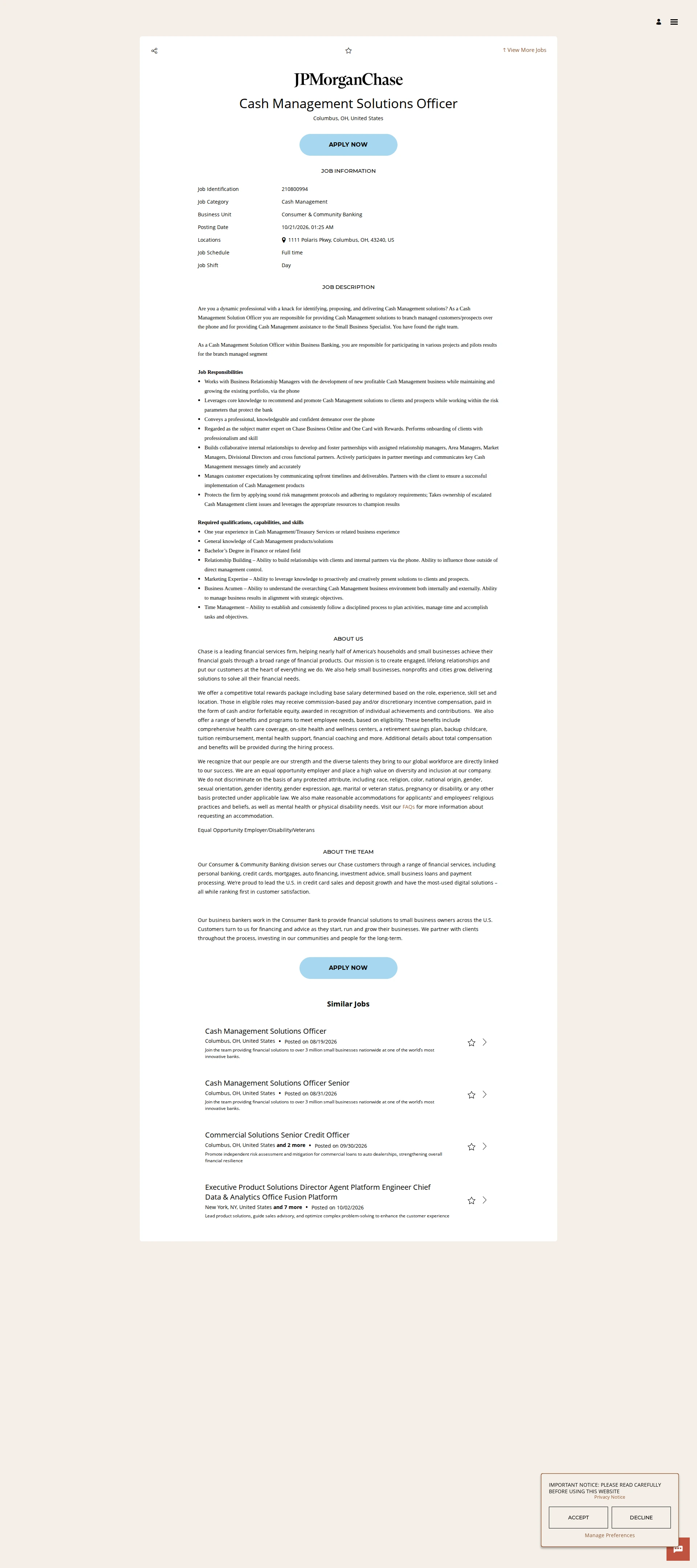 JPMorganChase Cash Management Solutions Officer 채용공고