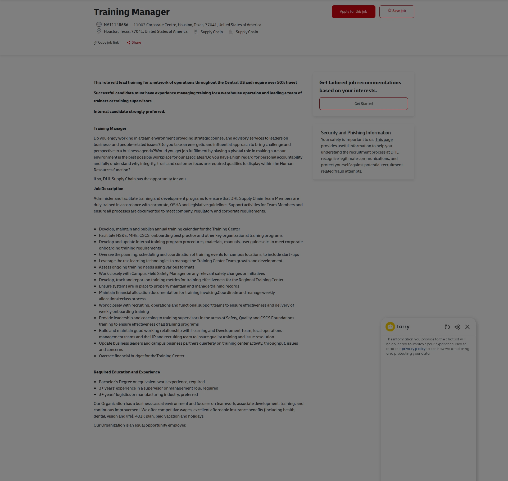 DHL Training Manager 채용공고