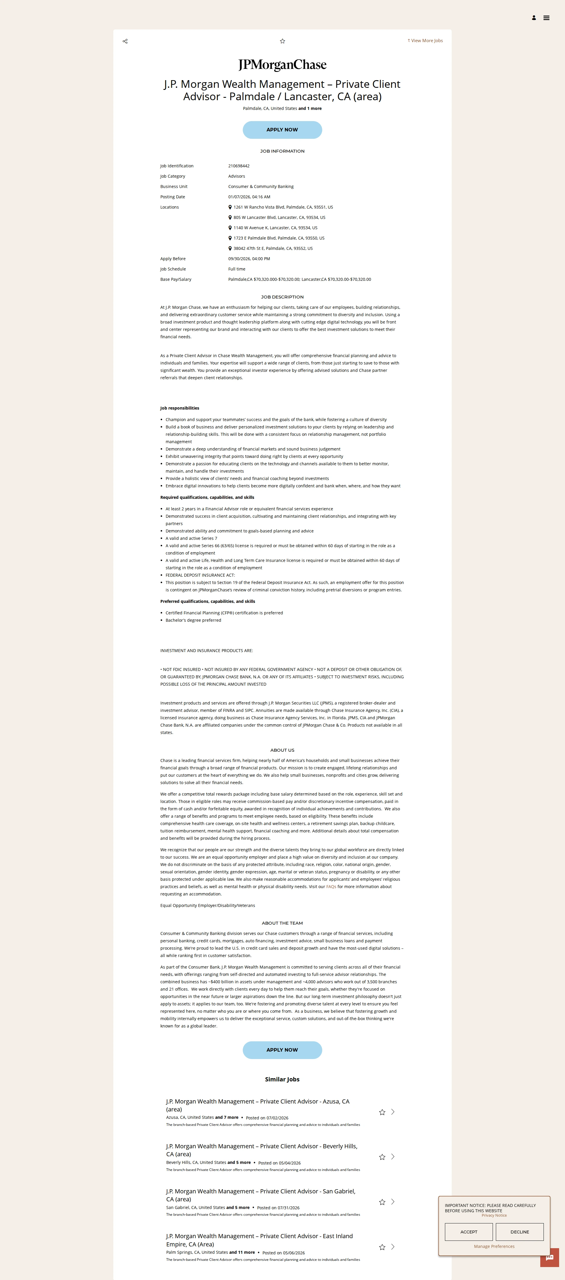 JPMorganChase J.P. Morgan Wealth Management – Private Client Advisor - Palmdale / Lancaster, CA (area) 채용공고