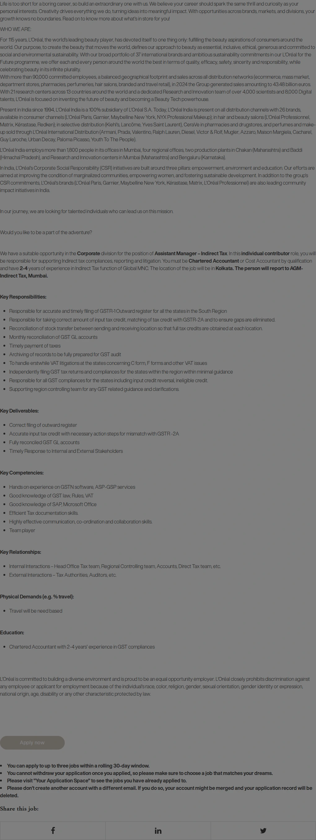 로레알(L'Oreal) Assistant Manager – Indirect Tax 채용공고