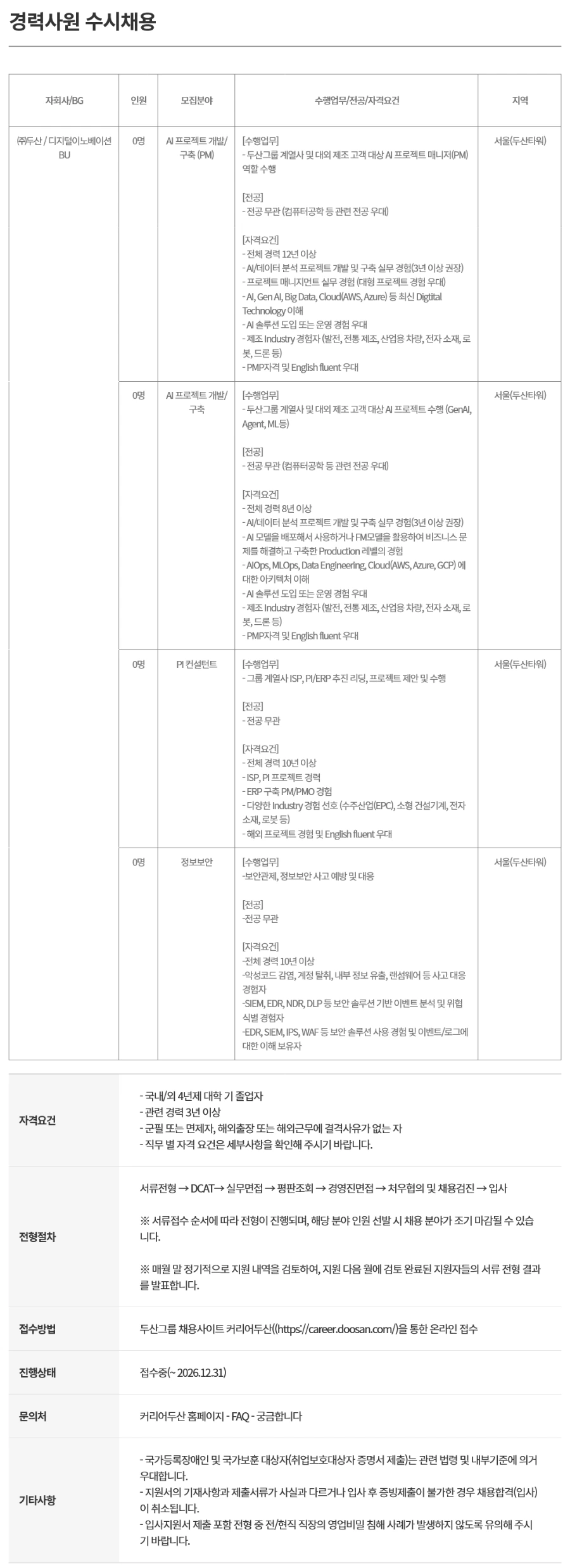 두산 [디지털이노베이션BU]경력사원 수시채용 채용공고