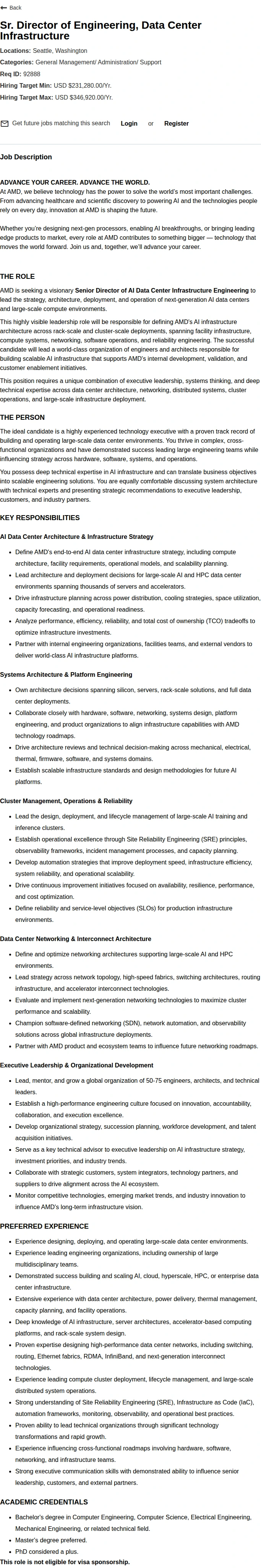 AMD Sr. Director of Engineering, Data Center Infrastructure 채용공고