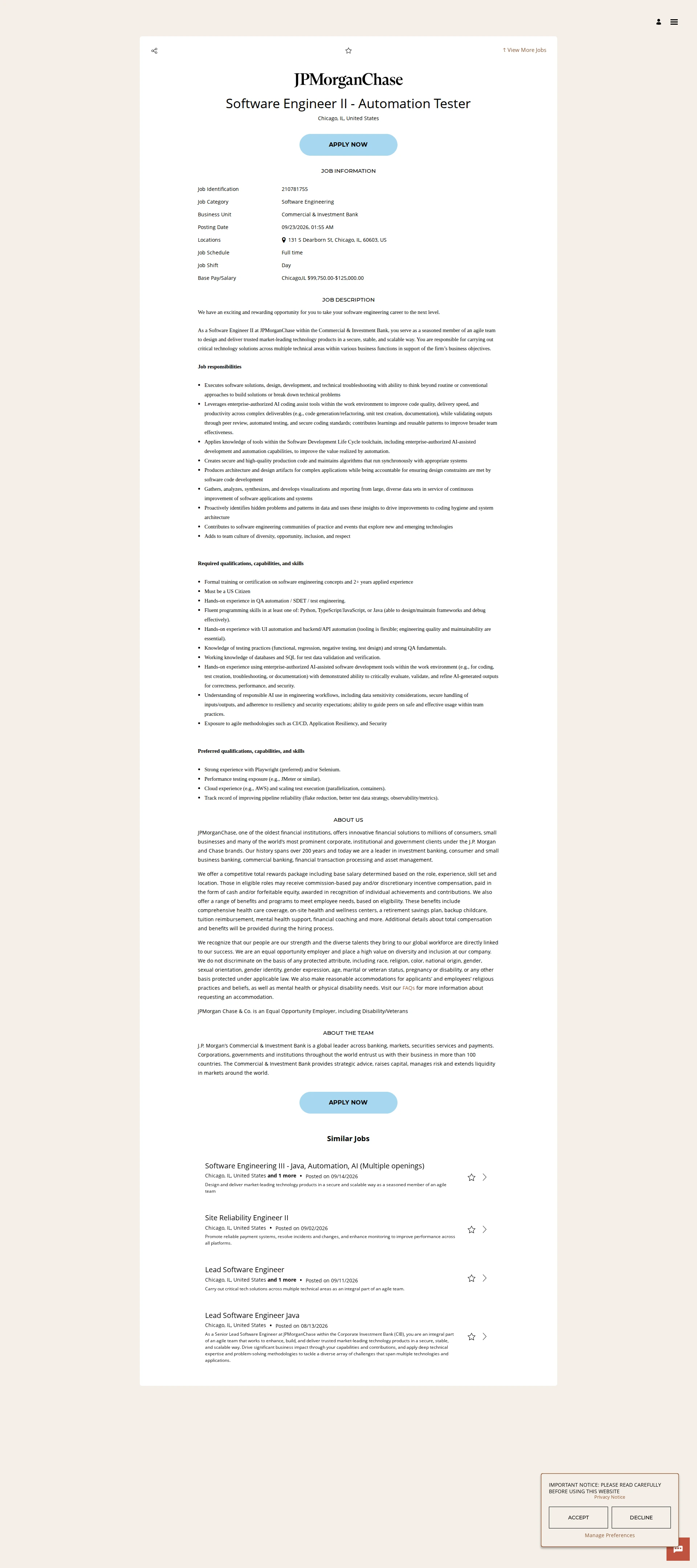 JPMorganChase Software Engineer II - Automation Tester 채용공고