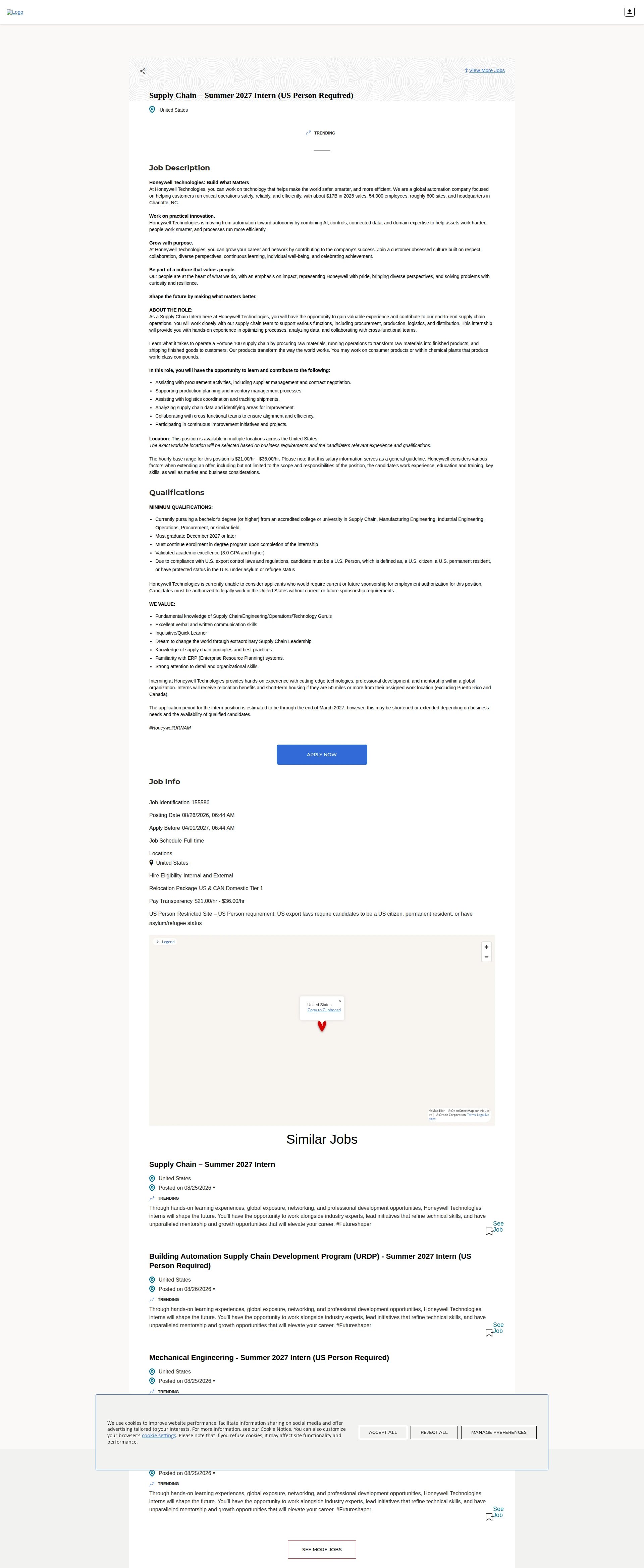 허니웰 Supply Chain – Summer 2027 Intern (US Person Required) 채용공고