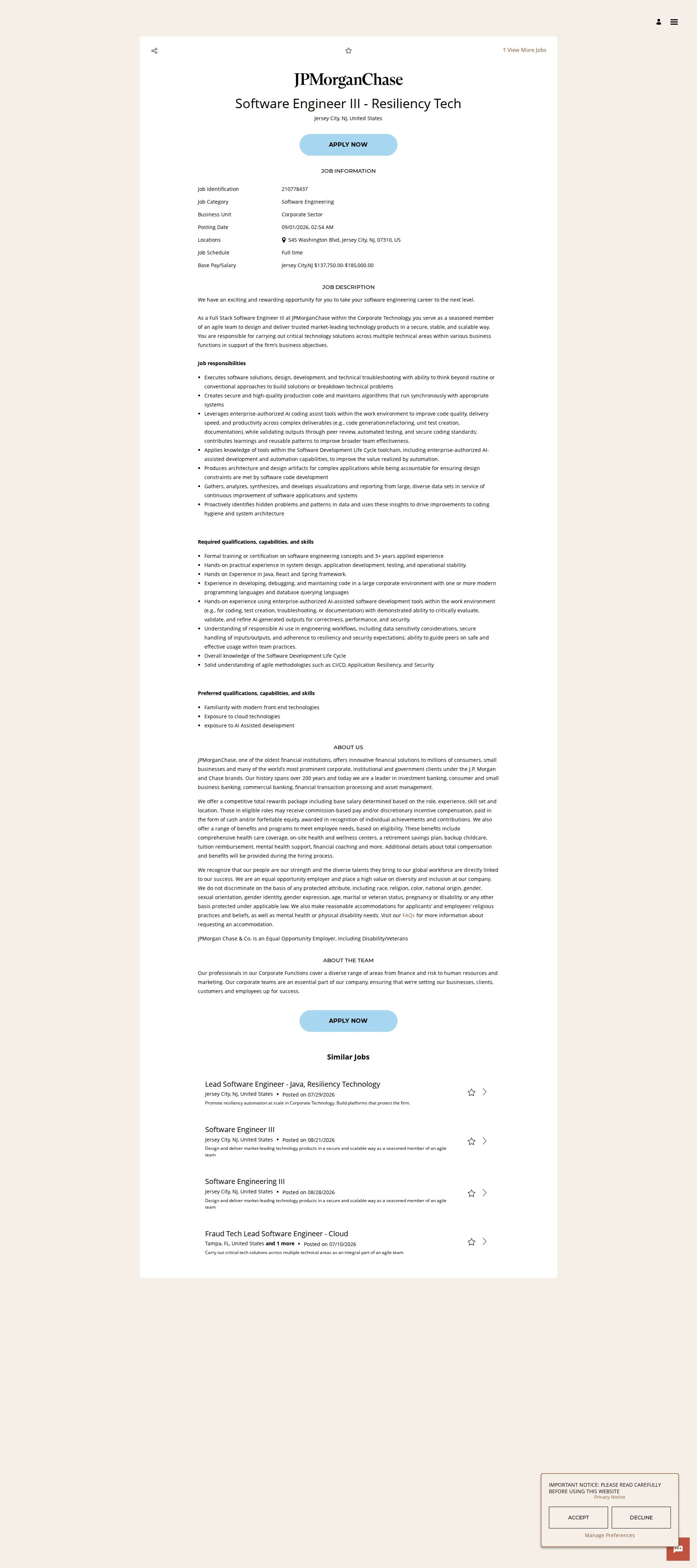 JPMorganChase Software Engineer III - Resiliency Tech 채용공고