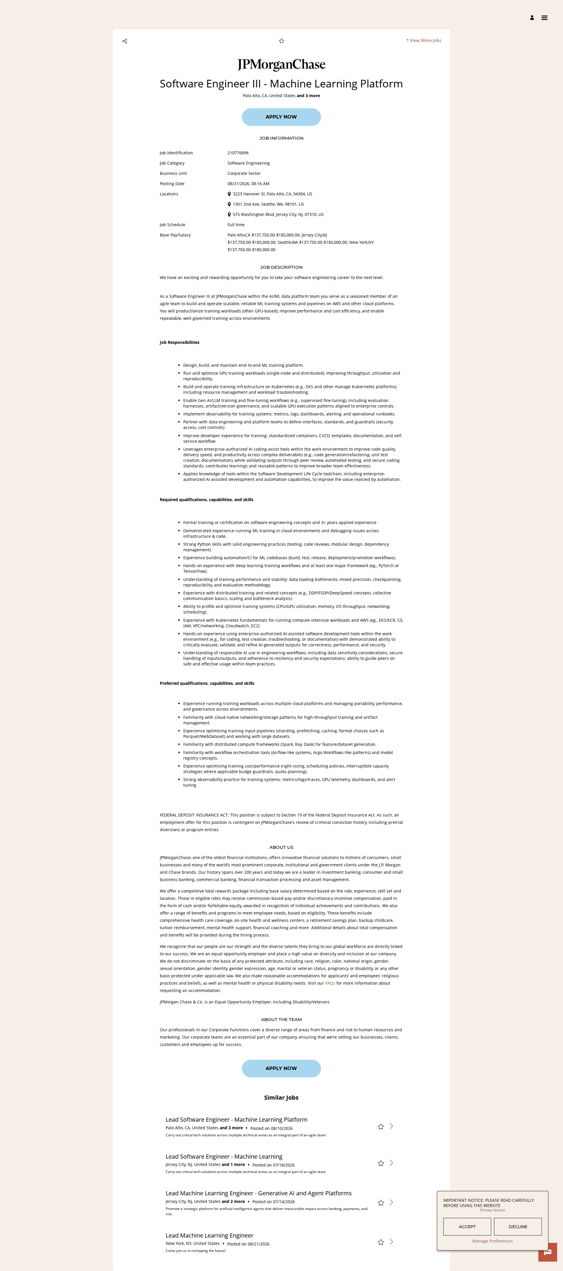 JPMorganChase Software Engineer III - Machine Learning Platform 채용공고