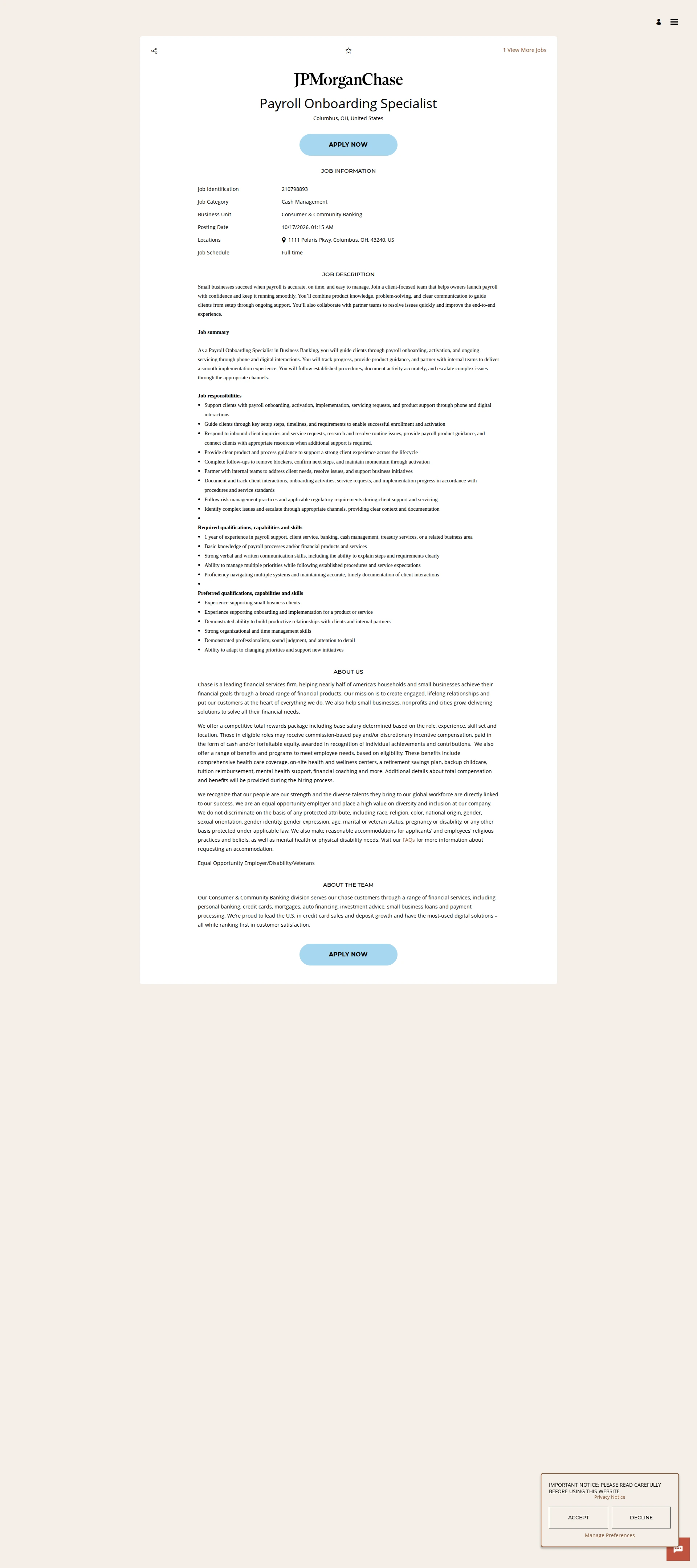 JPMorganChase Payroll Onboarding Specialist 채용공고