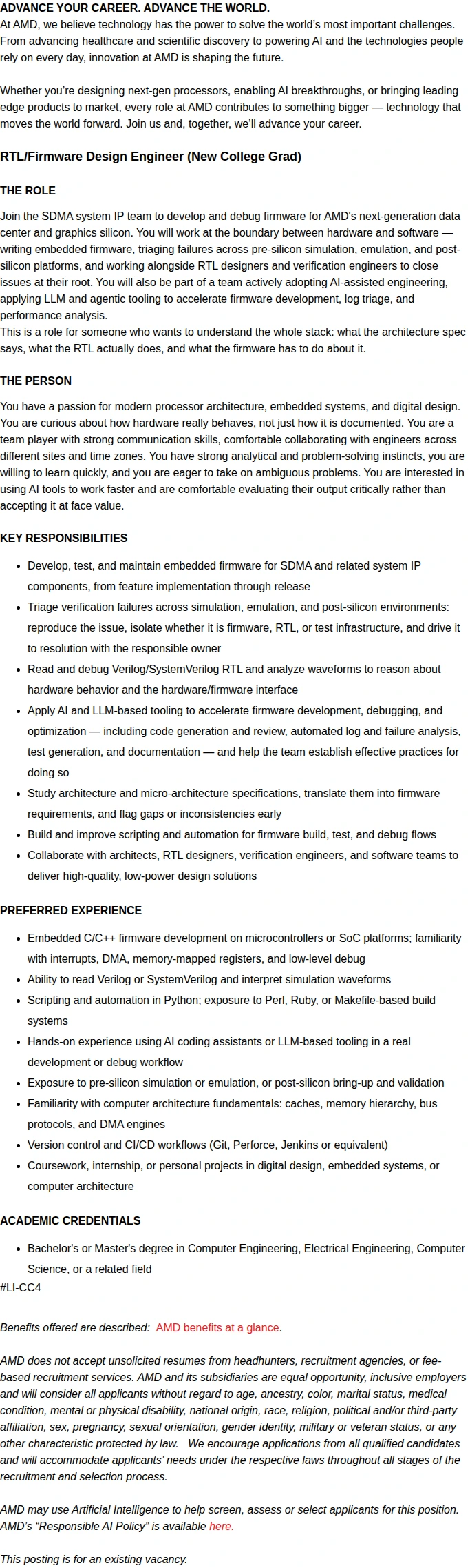 AMD RTL/Firmware Design Engineer 채용공고