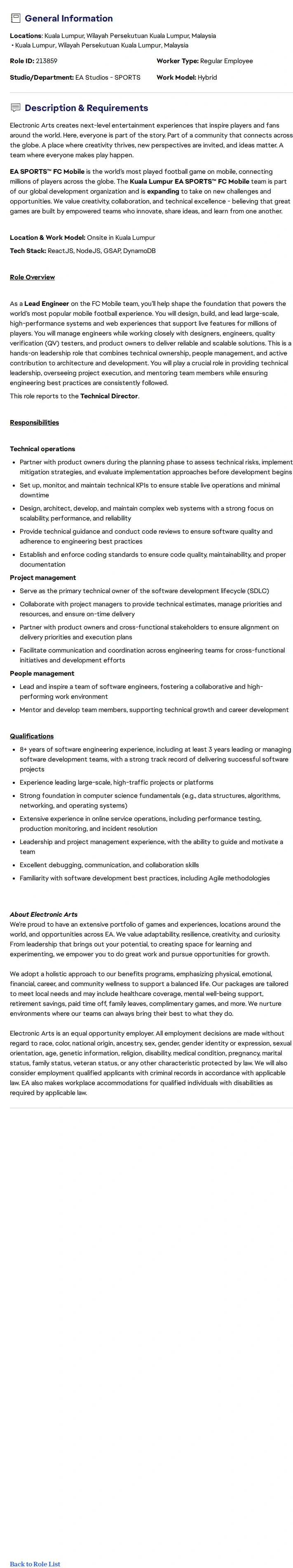 ElectronicArts Lead Software Engineer 채용공고