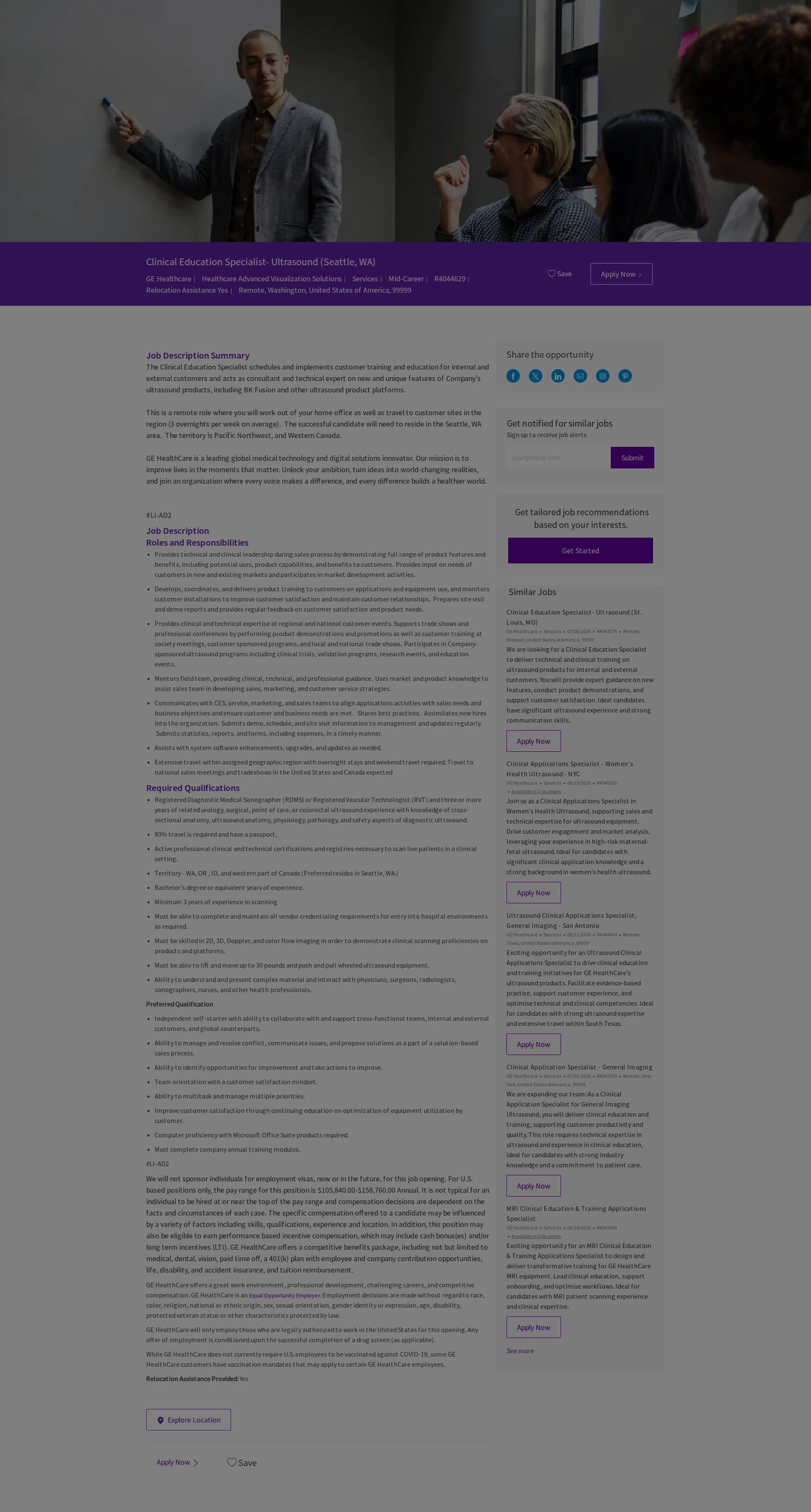 GE헬스케어 Clinical Education Specialist- Ultrasound (Seattle, WA) 채용공고
