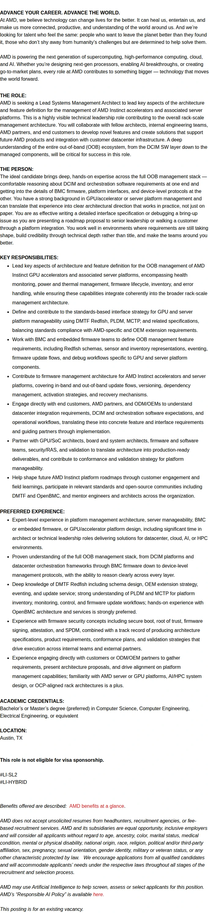 AMD Lead Systems Management Architect 채용공고