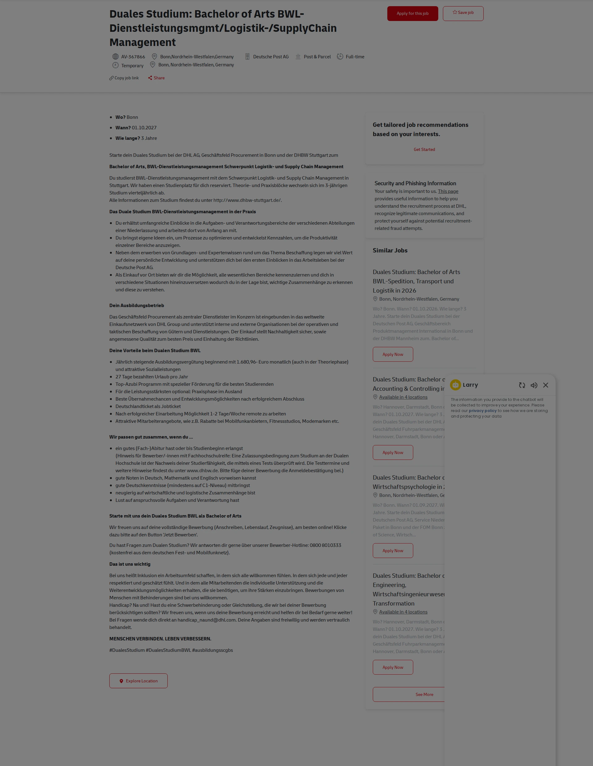 DHL Duales Studium: Bachelor of Arts BWL-Dienstleistungsmgmt/Logistik-/SupplyChain Management 채용공고