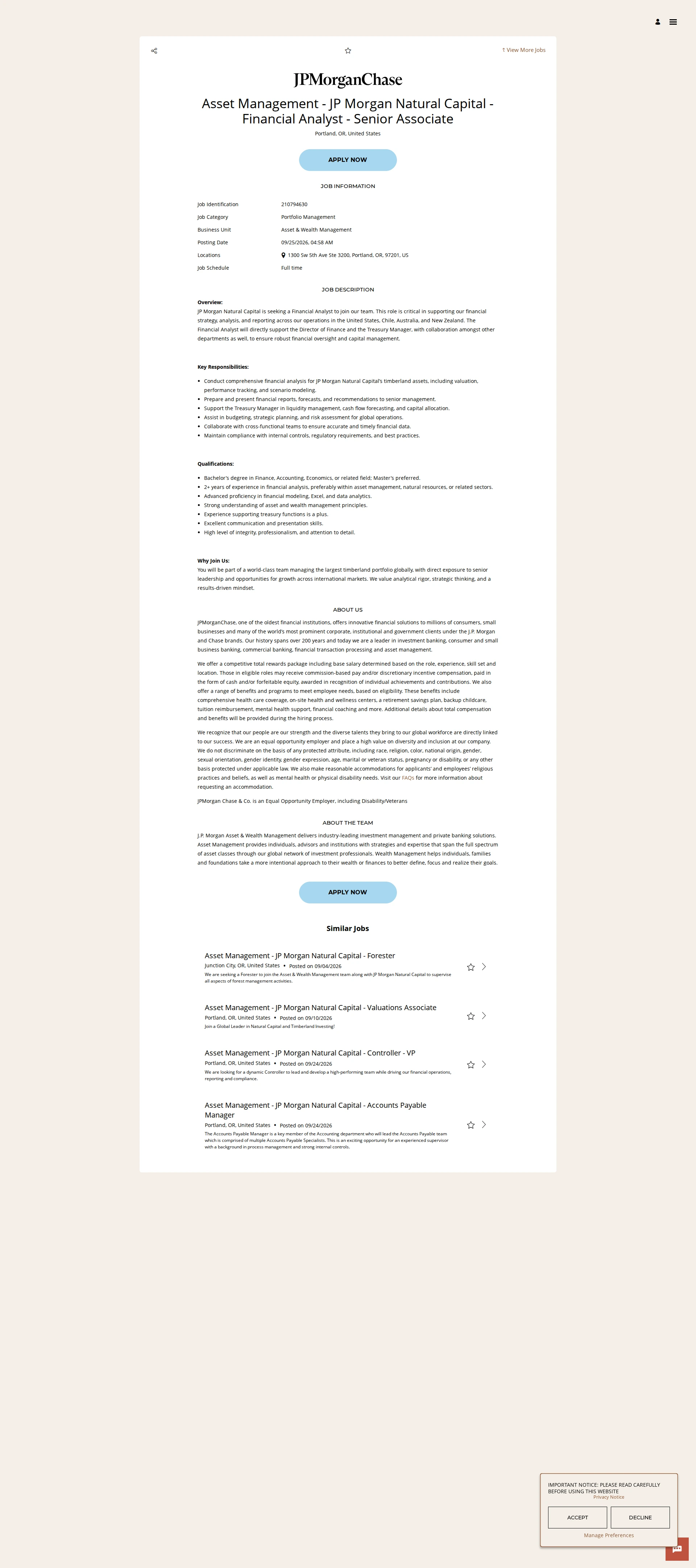 JPMorganChase Asset Management - JP Morgan Natural Capital - Financial Analyst - Senior Associate 채용공고