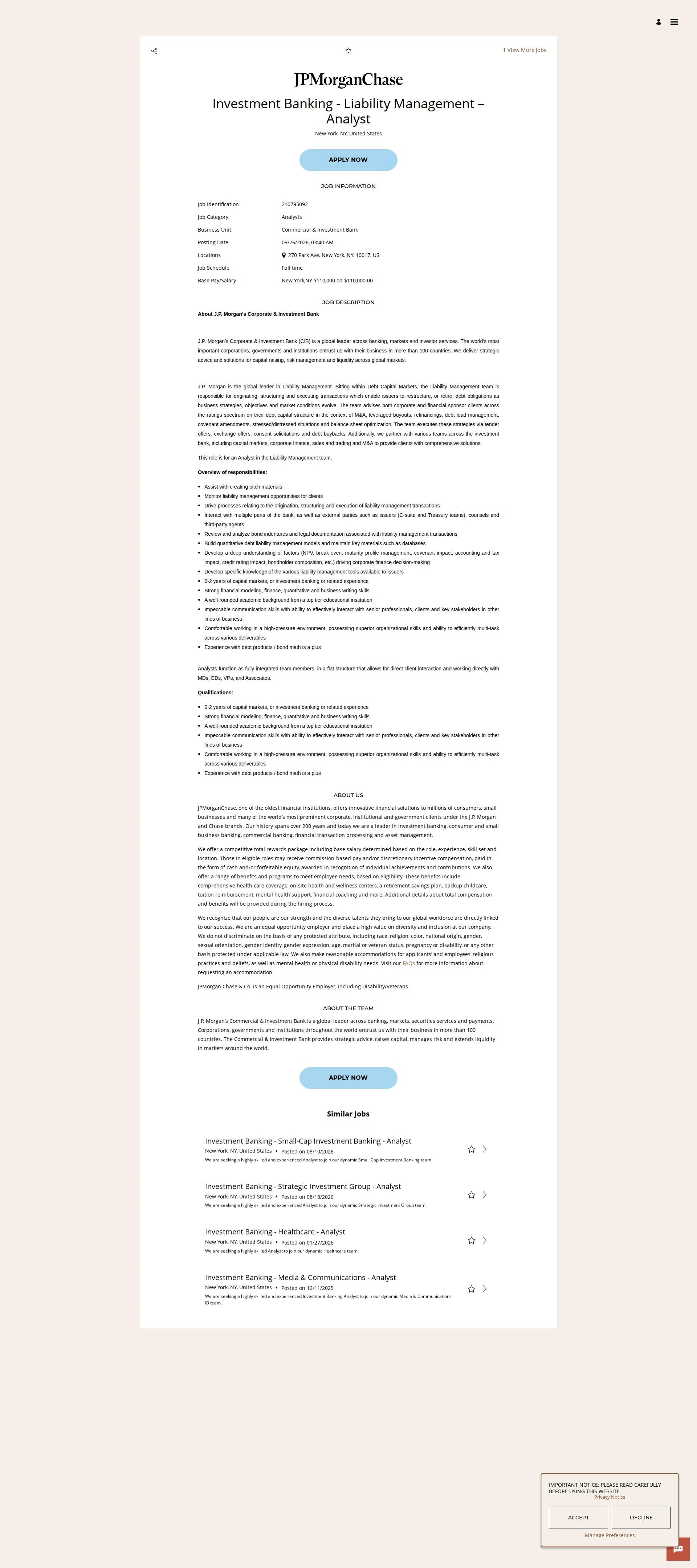 JPMorganChase Investment Banking - Liability Management – Analyst 채용공고