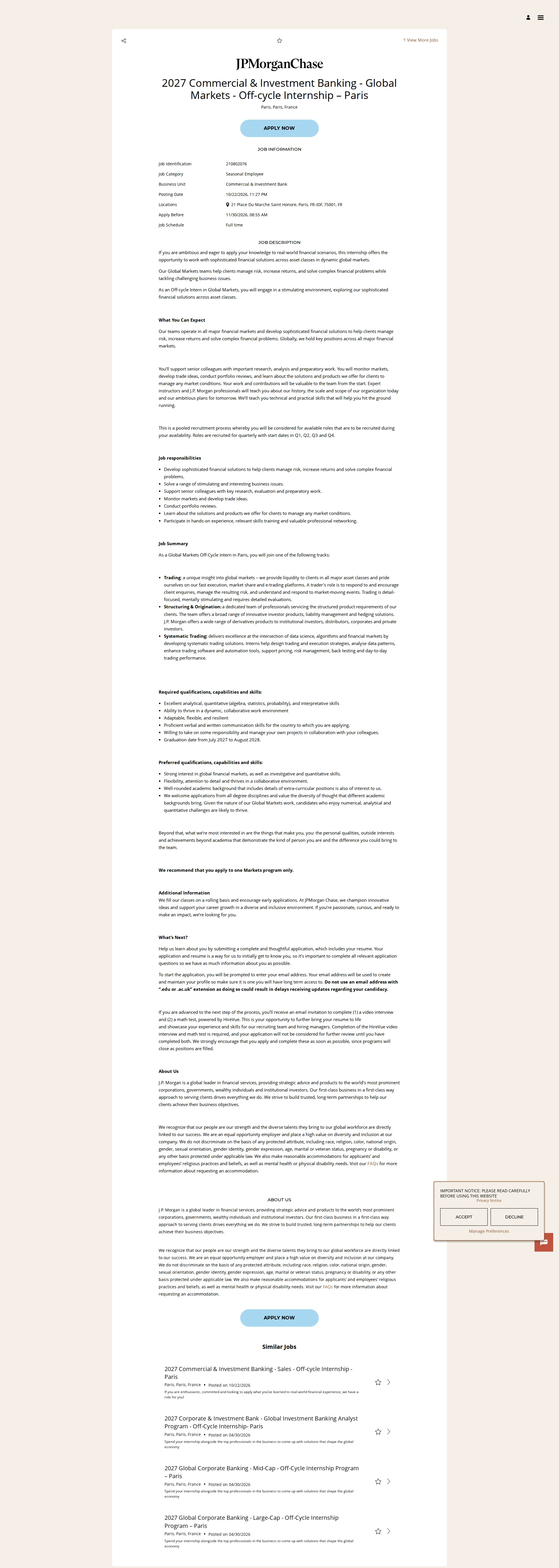 JPMorganChase 2027 Commercial & Investment Banking - Global Markets - Off-cycle Internship – Paris 채용공고