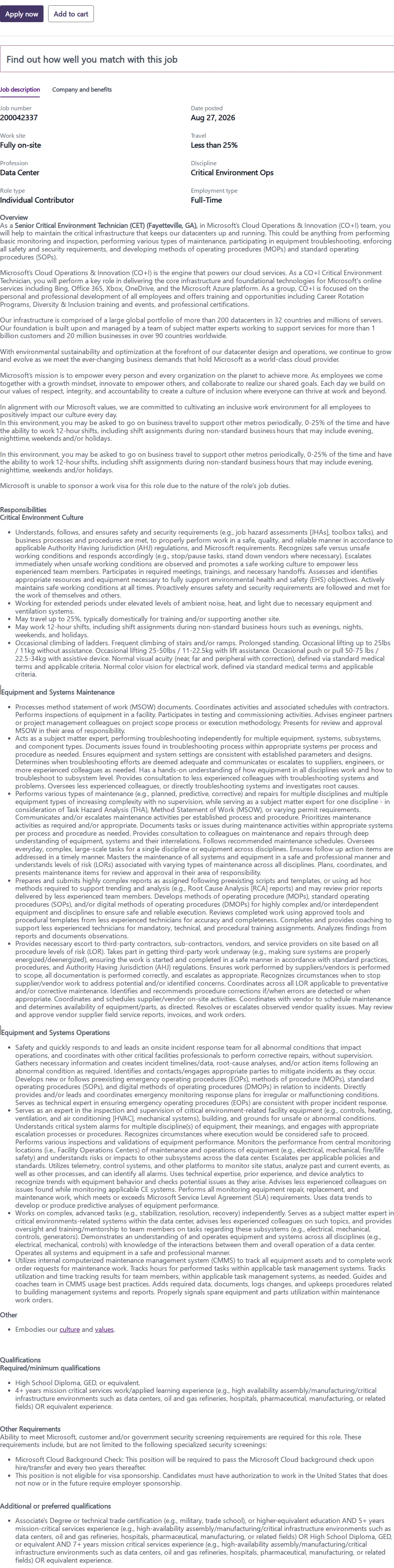 마이크로소프트(Microsoft) Senior Critical Environment Technician 채용공고