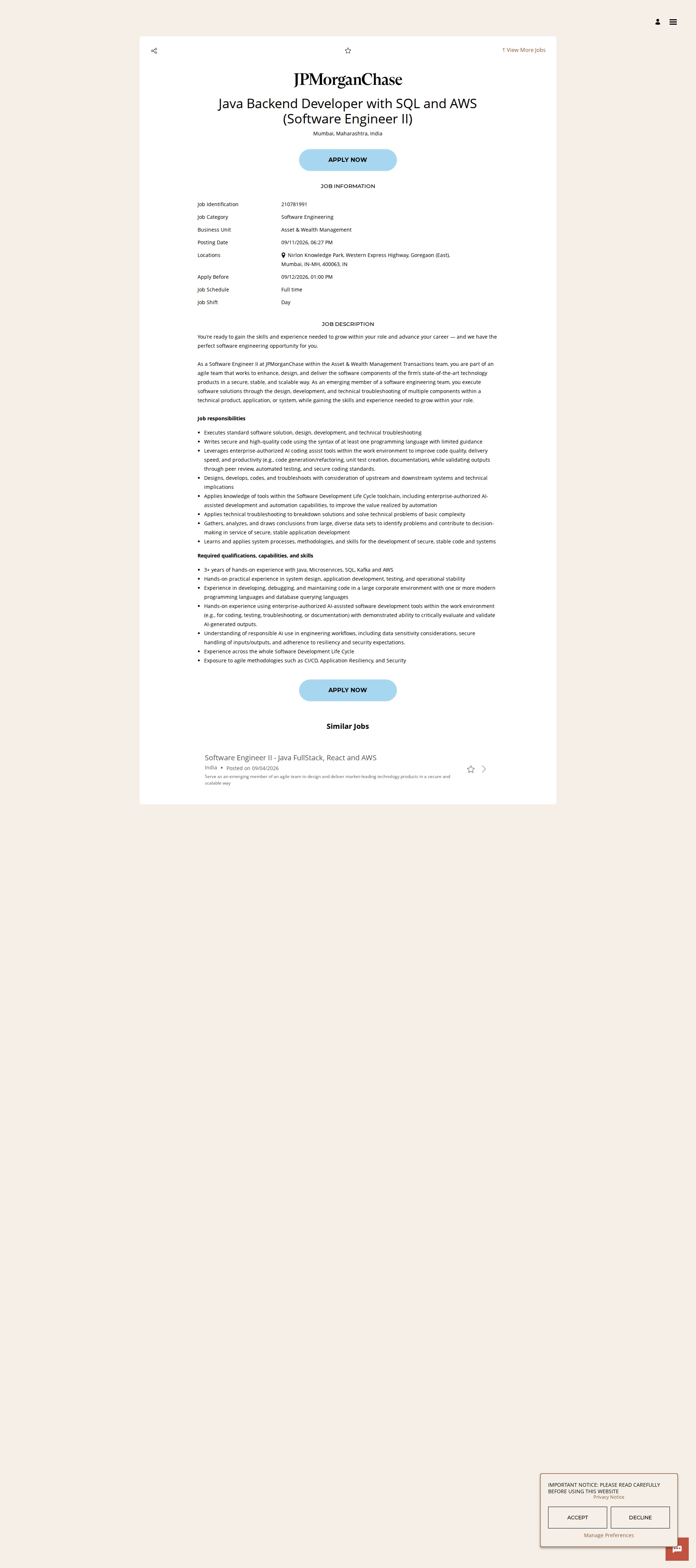 JPMorganChase Java Backend Developer with SQL and AWS (Software Engineer II) 채용공고