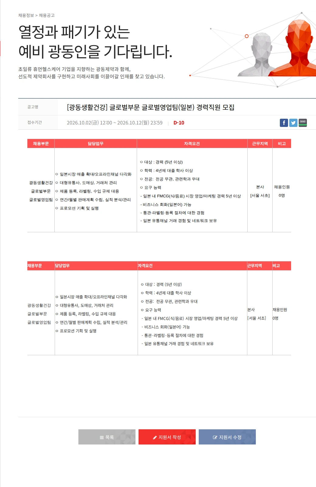 광동제약 [광동생활건강] 글로벌부문 글로벌영업팀(일본) 경력직원 모집 채용공고