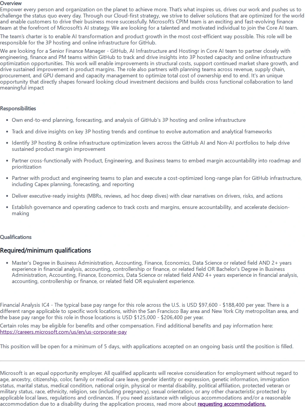 마이크로소프트(Microsoft) Senior Finance Manager - GitHub, AI Infrastructure and Hosting 채용공고