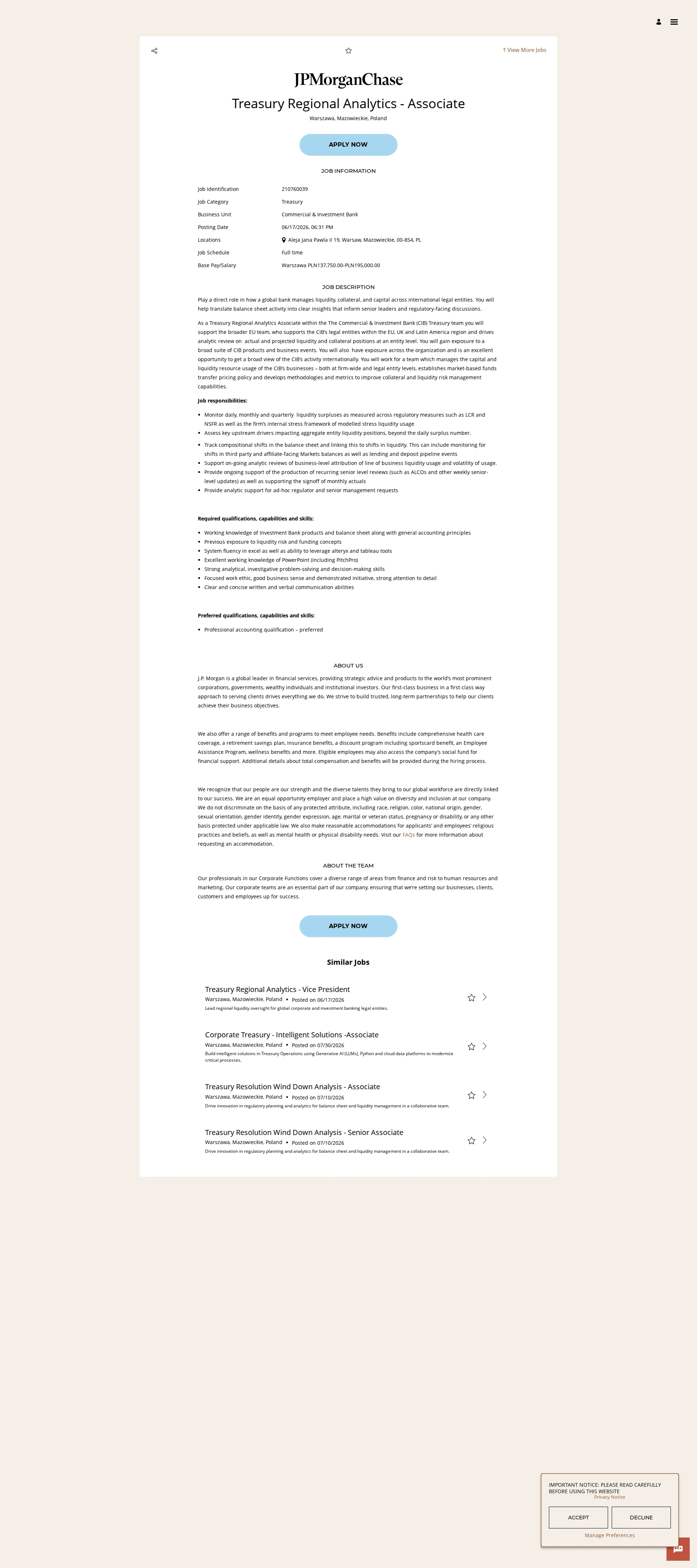 JPMorganChase Treasury Regional Analytics - Associate 채용공고