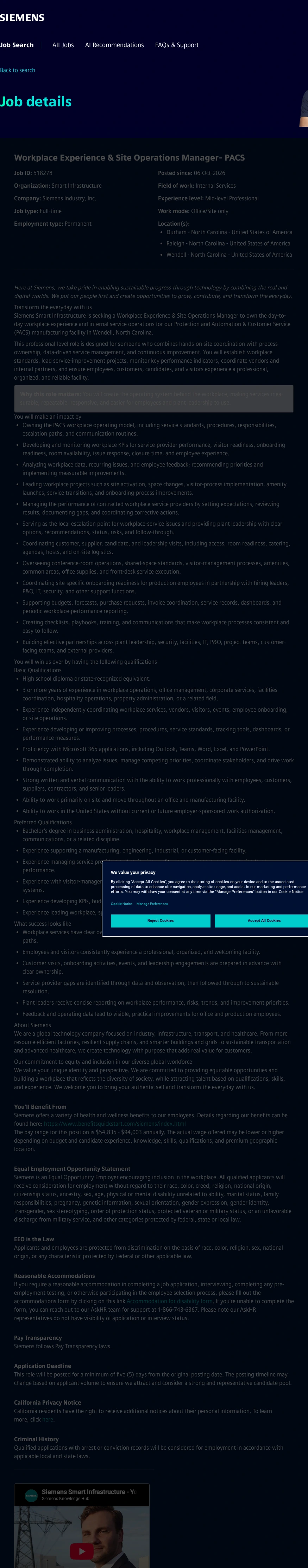 지멘스 Workplace Experience & Site Operations Manager- PACS 채용공고
