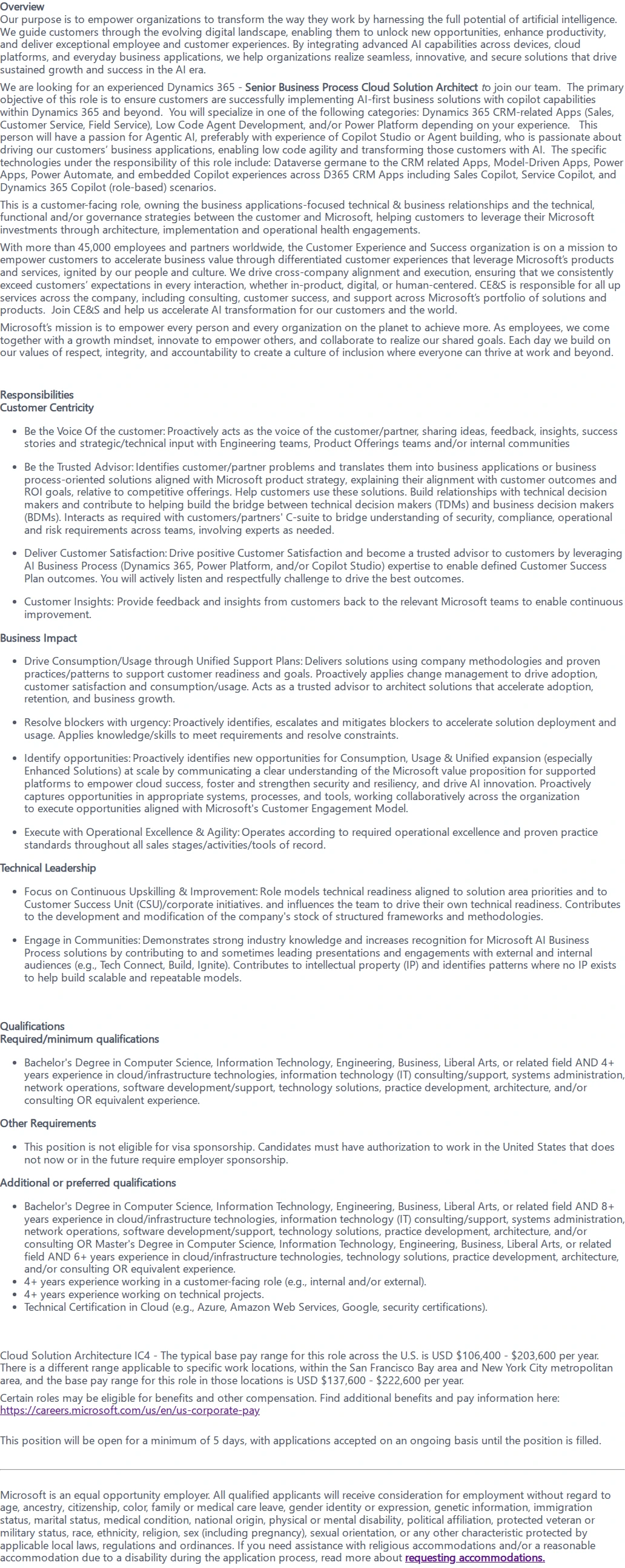 마이크로소프트(Microsoft) Senior Business Process Cloud Solution Architect 채용공고