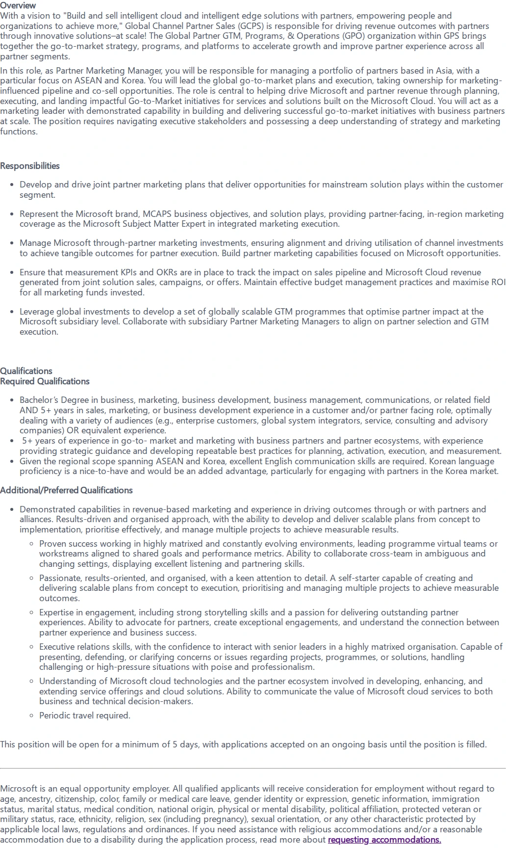 마이크로소프트(Microsoft) Partner Marketing Manager - Asia Channel 채용공고