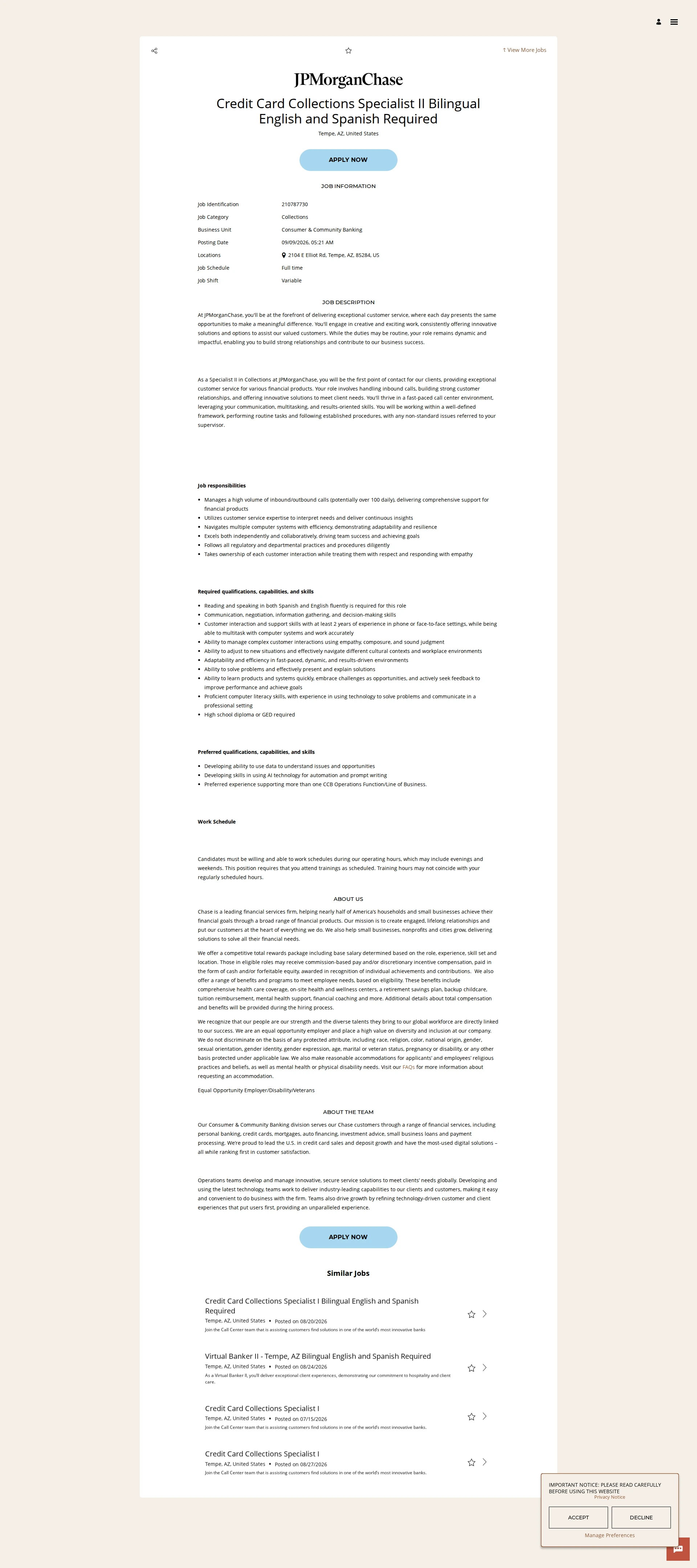 JPMorganChase Credit Card Collections Specialist II Bilingual English and Spanish Required 채용공고