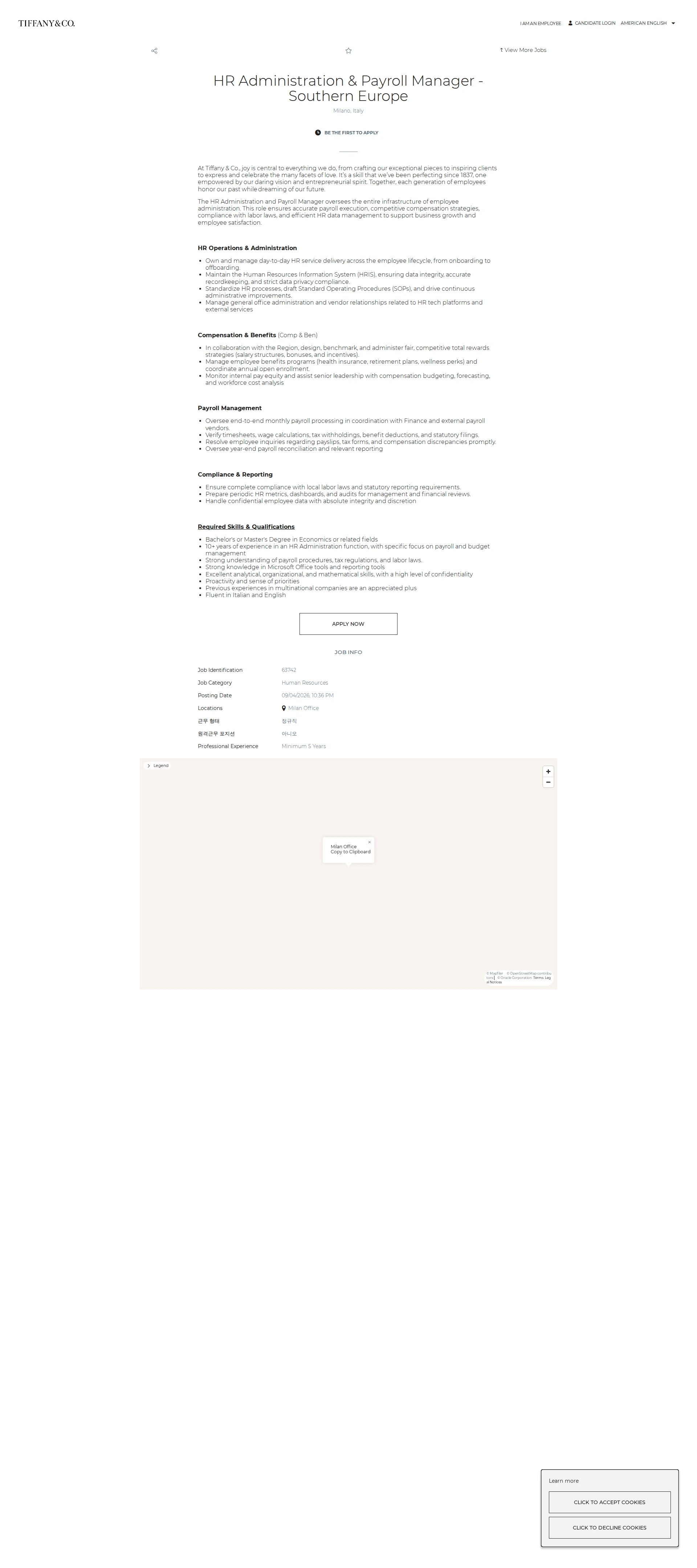 티파니앤코 HR Administration & Payroll Manager  - Southern Europe 채용공고