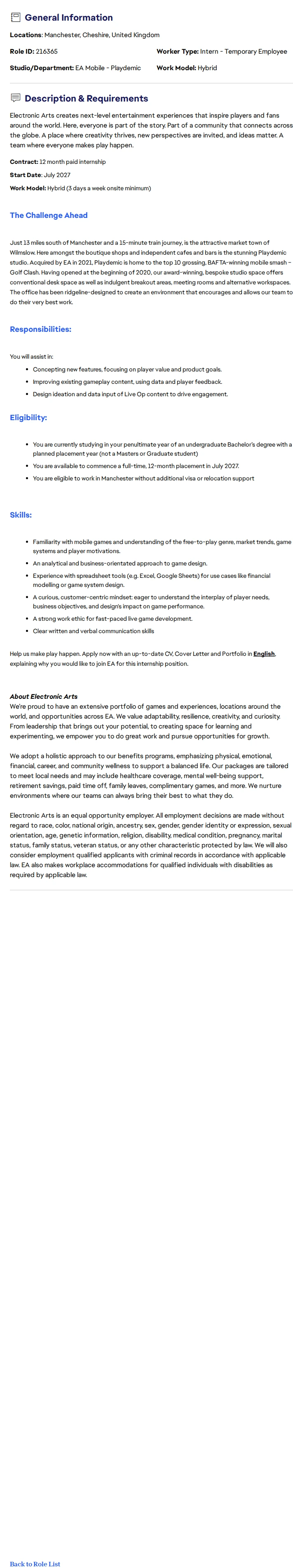 ElectronicArts Game Design Intern 채용공고