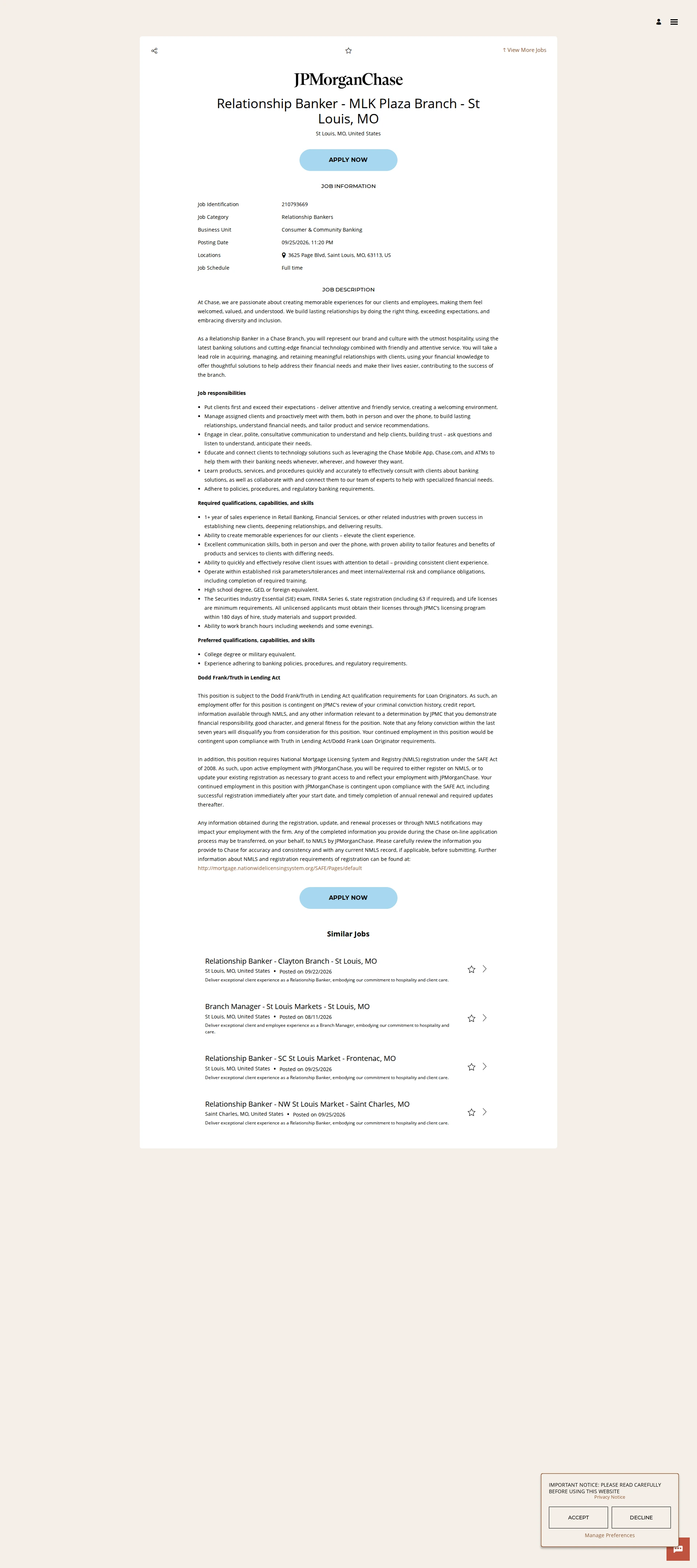 JPMorganChase Relationship Banker - MLK Plaza Branch - St Louis, MO 채용공고