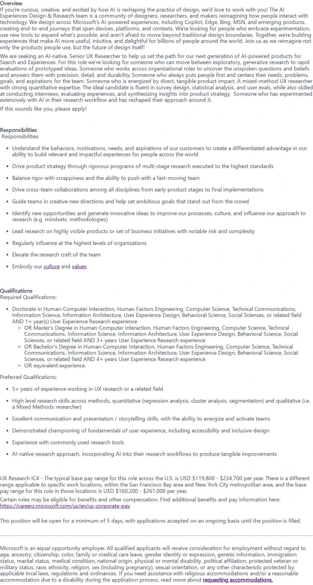 마이크로소프트(Microsoft) Senior UX Researcher, AI Experiences 채용공고