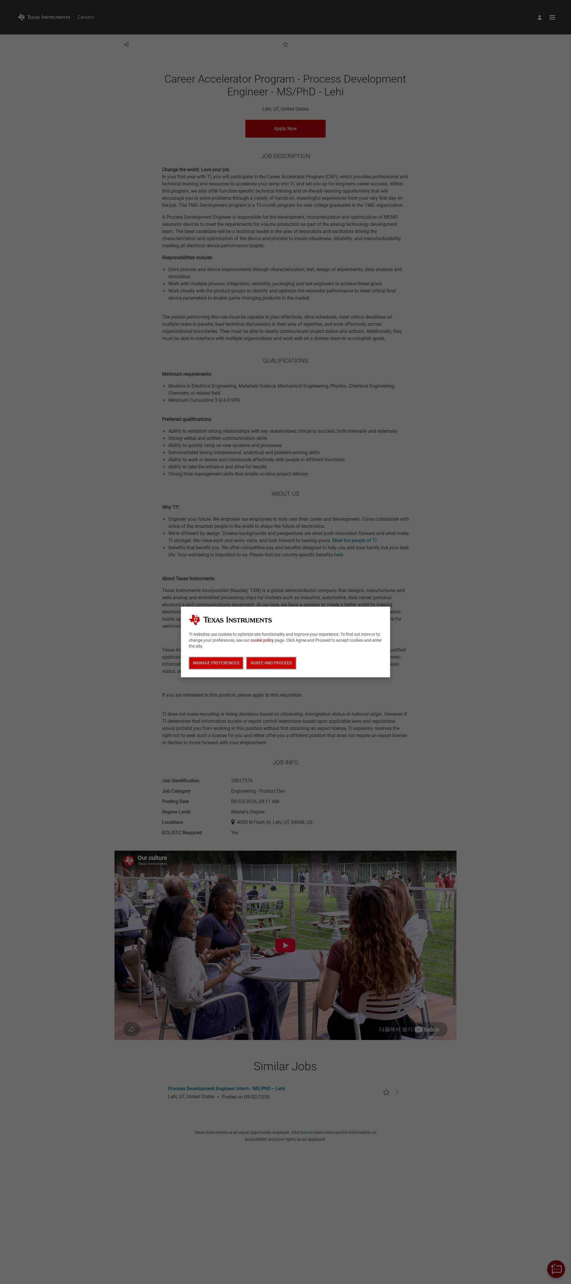 텍사스인스트루먼트코리아 Career Accelerator Program - Process Development Engineer - MS/PhD -  Lehi 채용공고