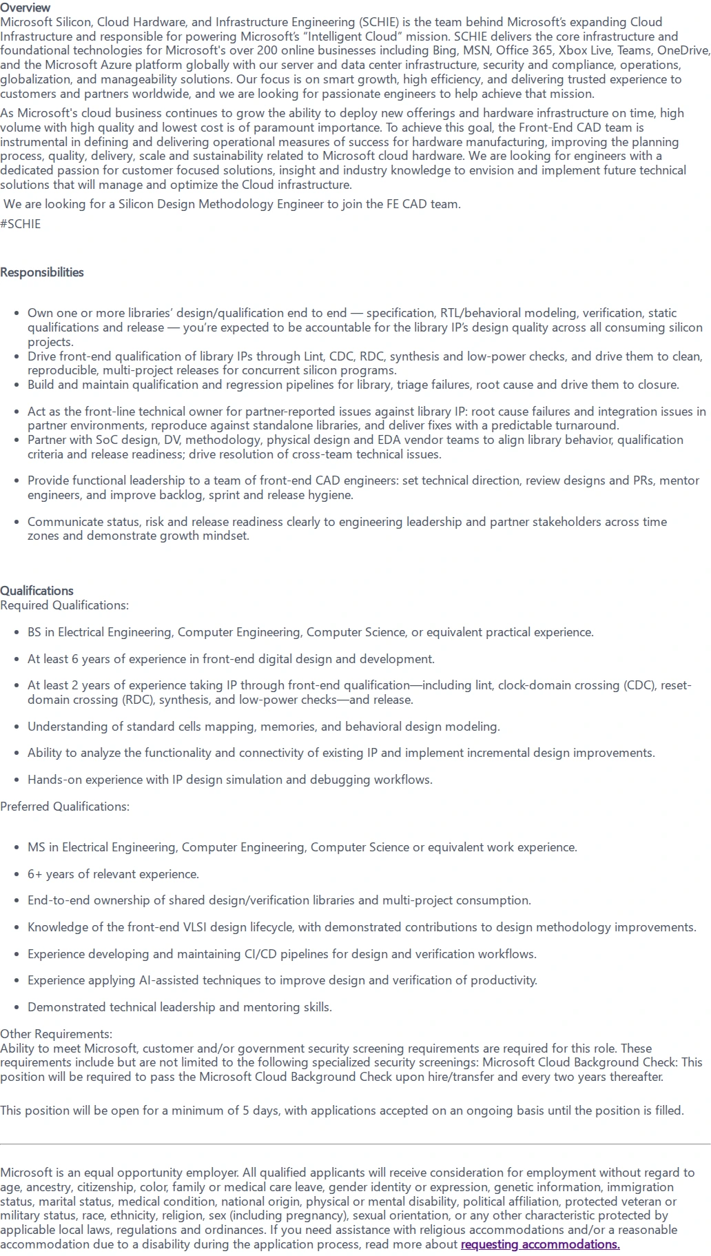 마이크로소프트(Microsoft) Principal Silicon Design Methodology Engineer 채용공고