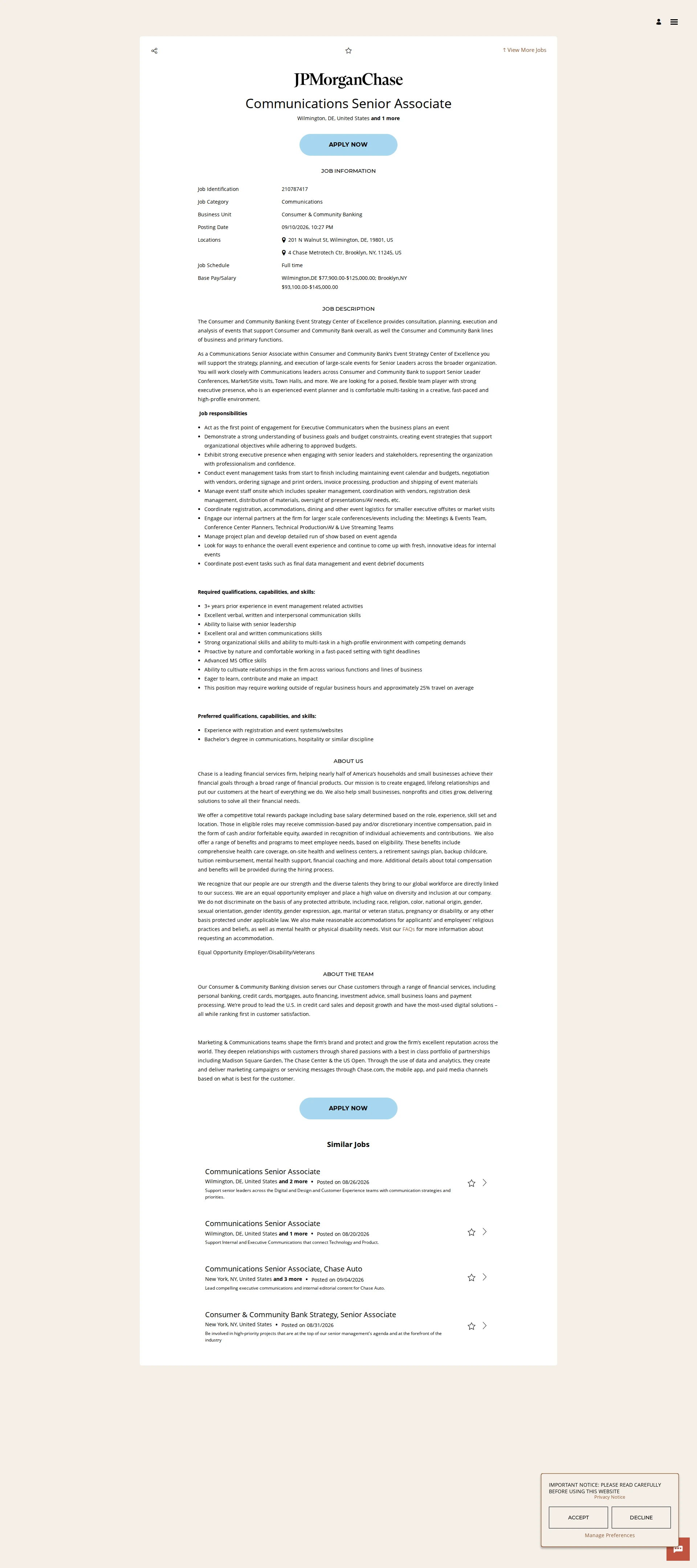 JPMorganChase Communications Senior Associate 채용공고
