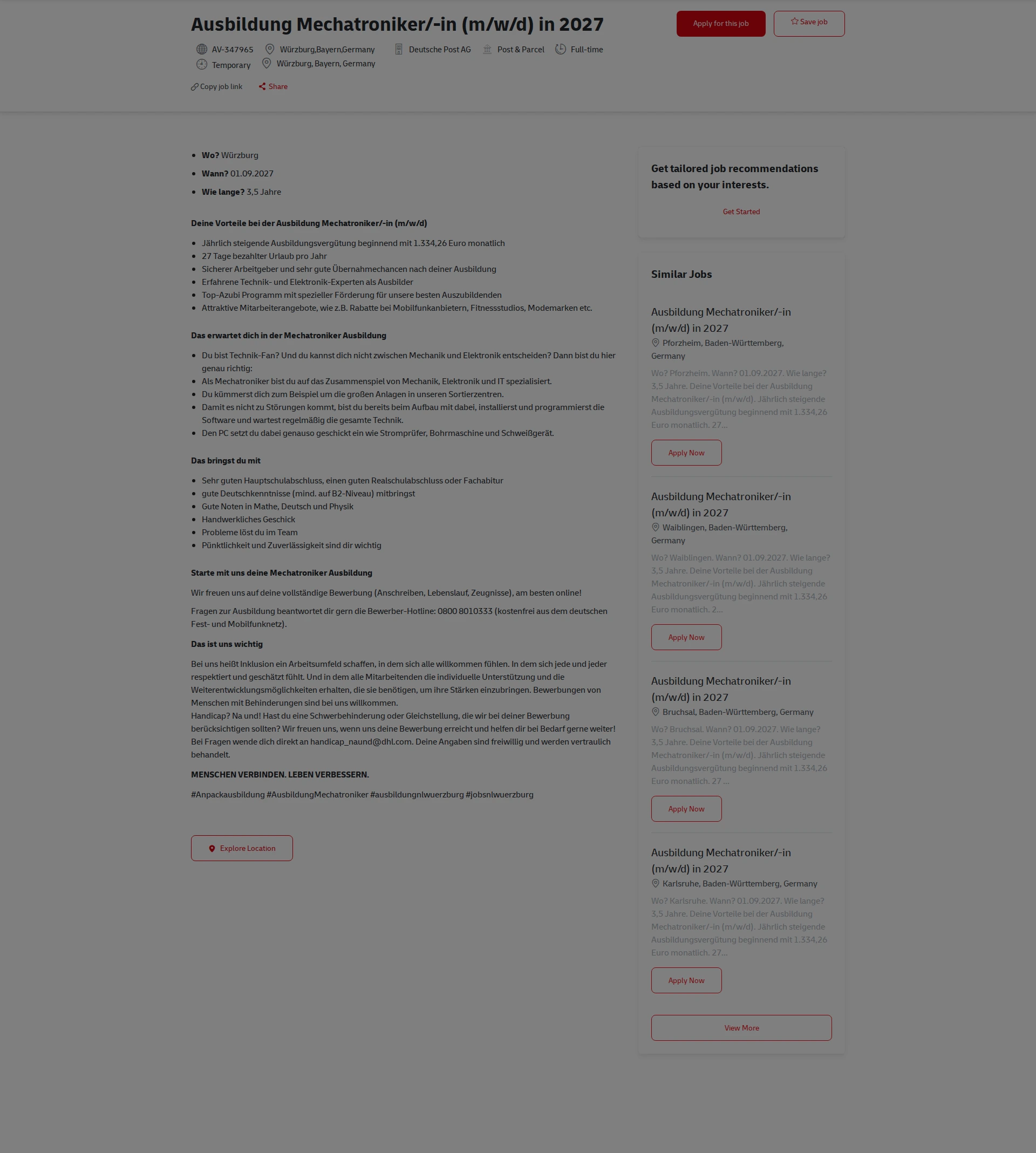 DHL Ausbildung Mechatroniker/-in (m/w/d) in 2027 채용공고