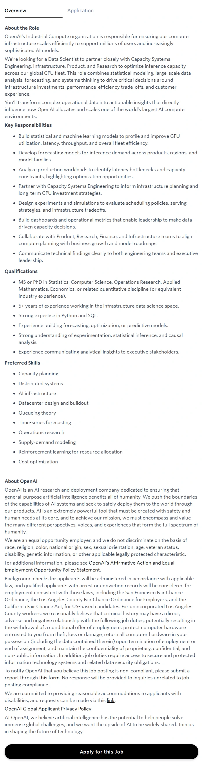 오픈에이아이(OpenAI) Data Scientist, Inference Capacity Optimization 채용공고
