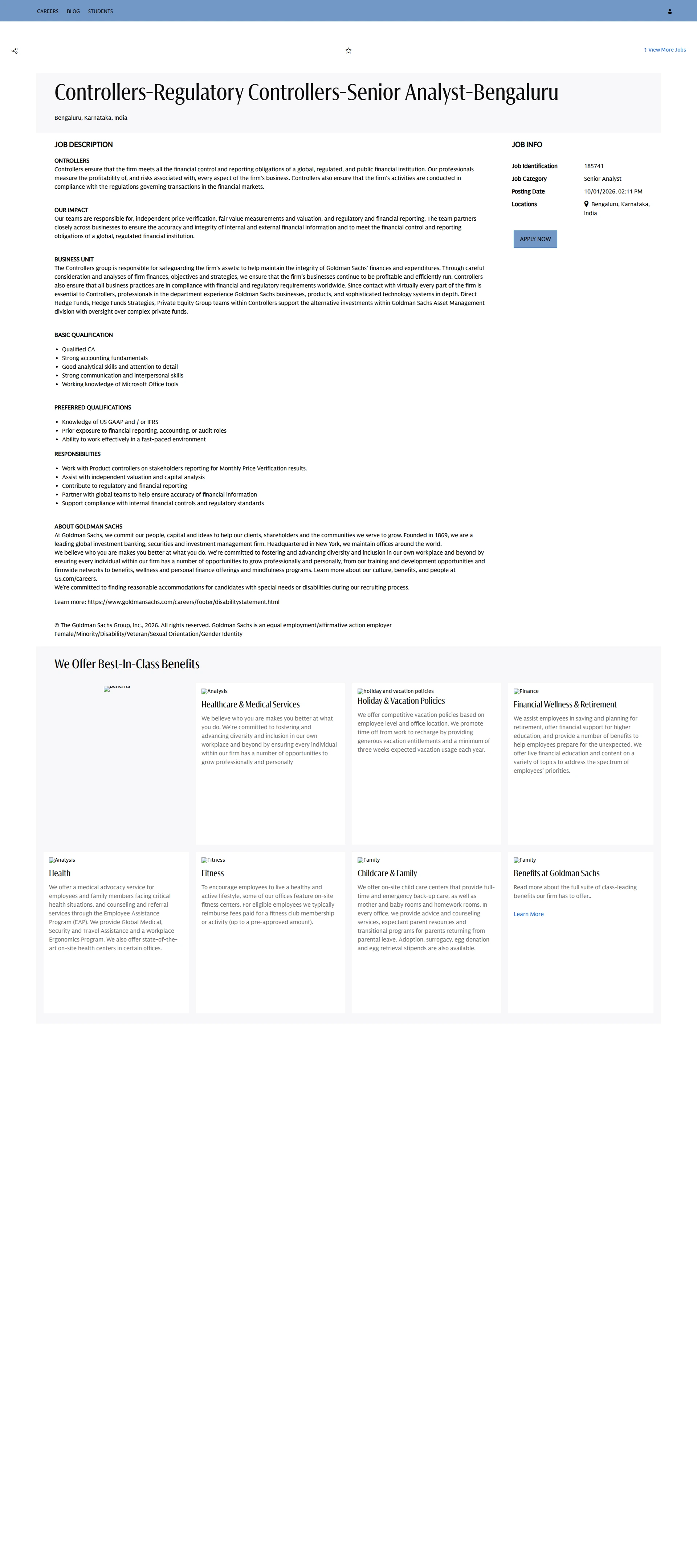골드만삭스 Controllers-Regulatory Controllers-Senior Analyst-Bengaluru 채용공고