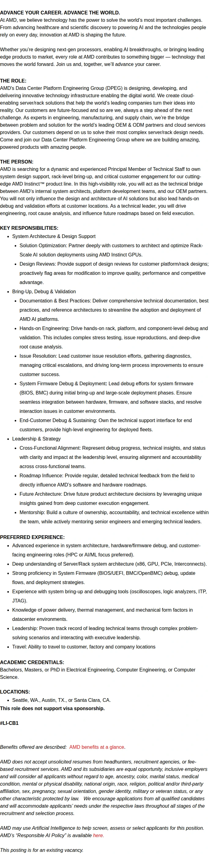 AMD Principal Solutions Engineering – AI server/rack Infrastructure 채용공고