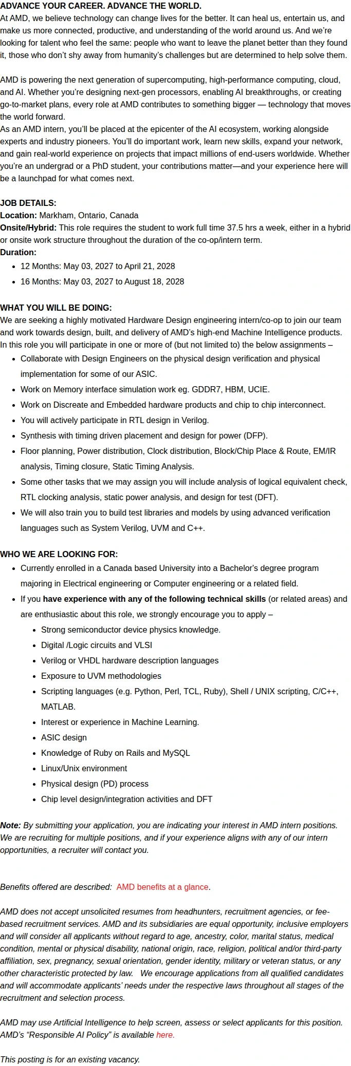 AMD Summer 2027 Long Term Hardware Design Engineering Intern/Co-Op 채용공고