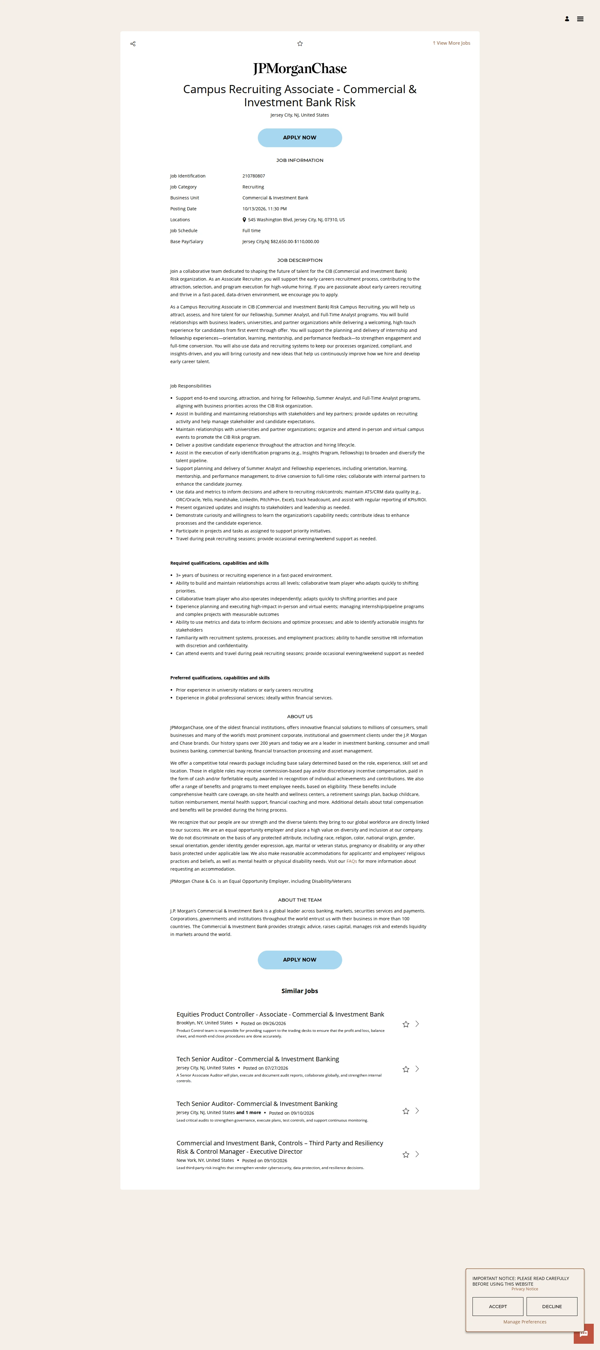 JPMorganChase Campus Recruiting Associate - Commercial & Investment Bank Risk 채용공고