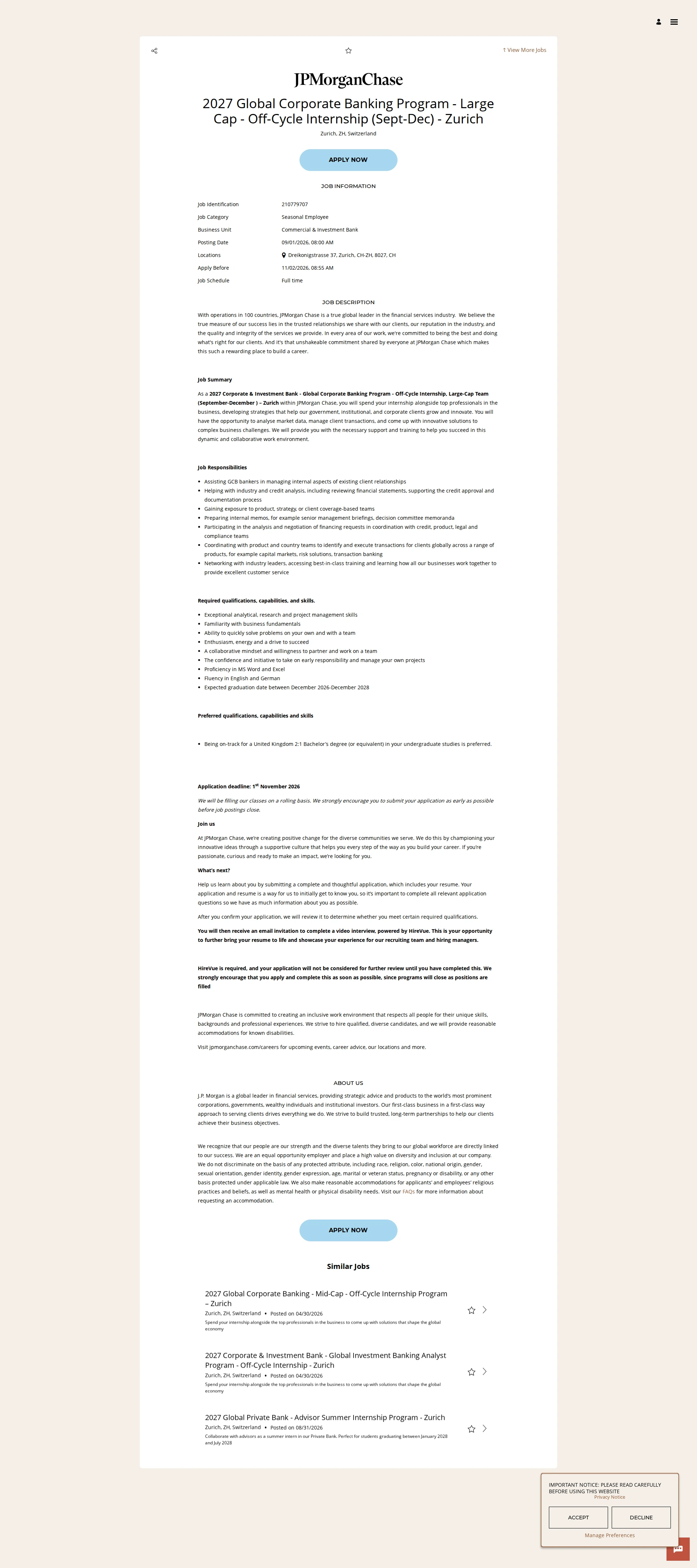 JPMorganChase 2027 Global Corporate Banking Program - Large Cap - Off-Cycle Internship (Sept-Dec) - Zurich 채용공고