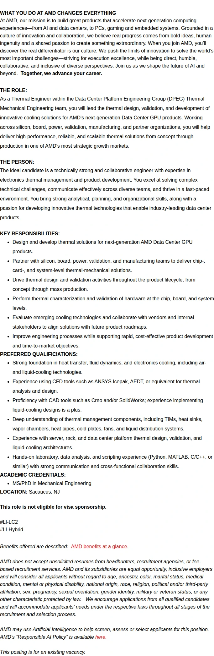 AMD Senior Thermal Design Engineer 채용공고